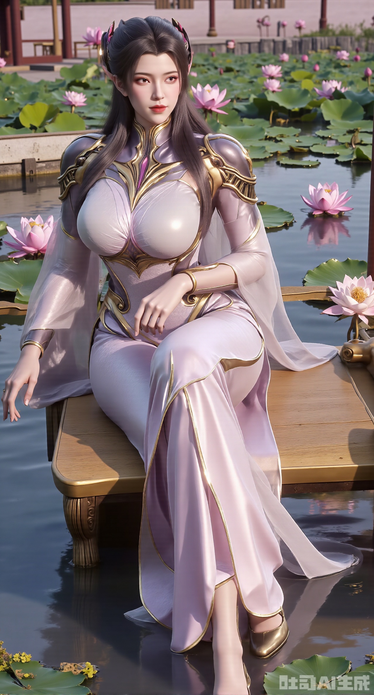 (masterpiece:1.2),best quality,The image is a digital illustration of a young woman sitting on a wooden bench in a pond with lily pads. She is wearing a long dress with design on the chest and sleeves. The dress has a high neckline and short sleeves,Holding a lotus in hand. She has long dark hair styled in loose waves and is wearing gold high heels. The woman is posing with one hand on her hip and the other resting on the edge of the bench. The background is filled with pink and white lotus flowers and green leaves. The overall mood of the image is peaceful and serene,(huge breasts:2.99),(full breasts:2.99),(Background with traditional Chinese architecture, lotus pond and pink lotus flowers:1.39),XliumeiYK,XlishaoyingXK,XyunxiaoYK,XxiaobaiYK,Xmeinv,Xbigbreasts