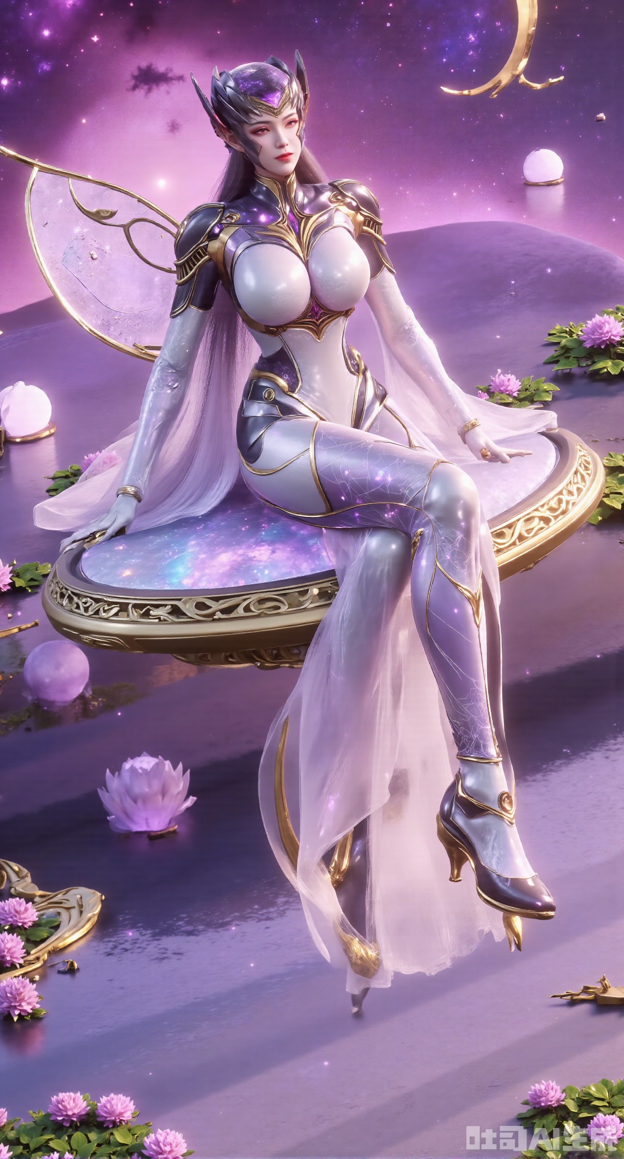 (masterpiece, best quality:1.2),1girl,looking_at_viewer,huge_breasts,,long legs,realistic,A captivating fantasy elf portrait set in a surreal, floating garden in the sky. The elf, with iridescent, translucent wings like those of a dragonfly, sits gracefully on a floating crystal lily pad. Her flowing hair shimmers with every color of the rainbow and cascades down, merging with the floating flora around her. Her eyes are deep pools of starlight, and her delicate, silver gown is adorned with tiny, twinkling constellations. The garden is filled with glowing, bioluminescent flowers and whimsical, hovering orbs of light. The backdrop features a swirling nebula sky with vibrant hues of pink and purple, creating a dreamlike, cosmic atmosphere. The portrait combines elements of ethereal beauty and celestial wonder, blending fantasy with a touch of otherworldly magic.,high_heel,, argyle legwear,star \(symbol\,yeqingxian,brown hair,(huge breasts:2.99),(full breasts:2.99),,XliumeiYK,XlishaoyingXK,XyunxiaoYK,XxiaobaiYK,Xmeinv,Xbigbreasts