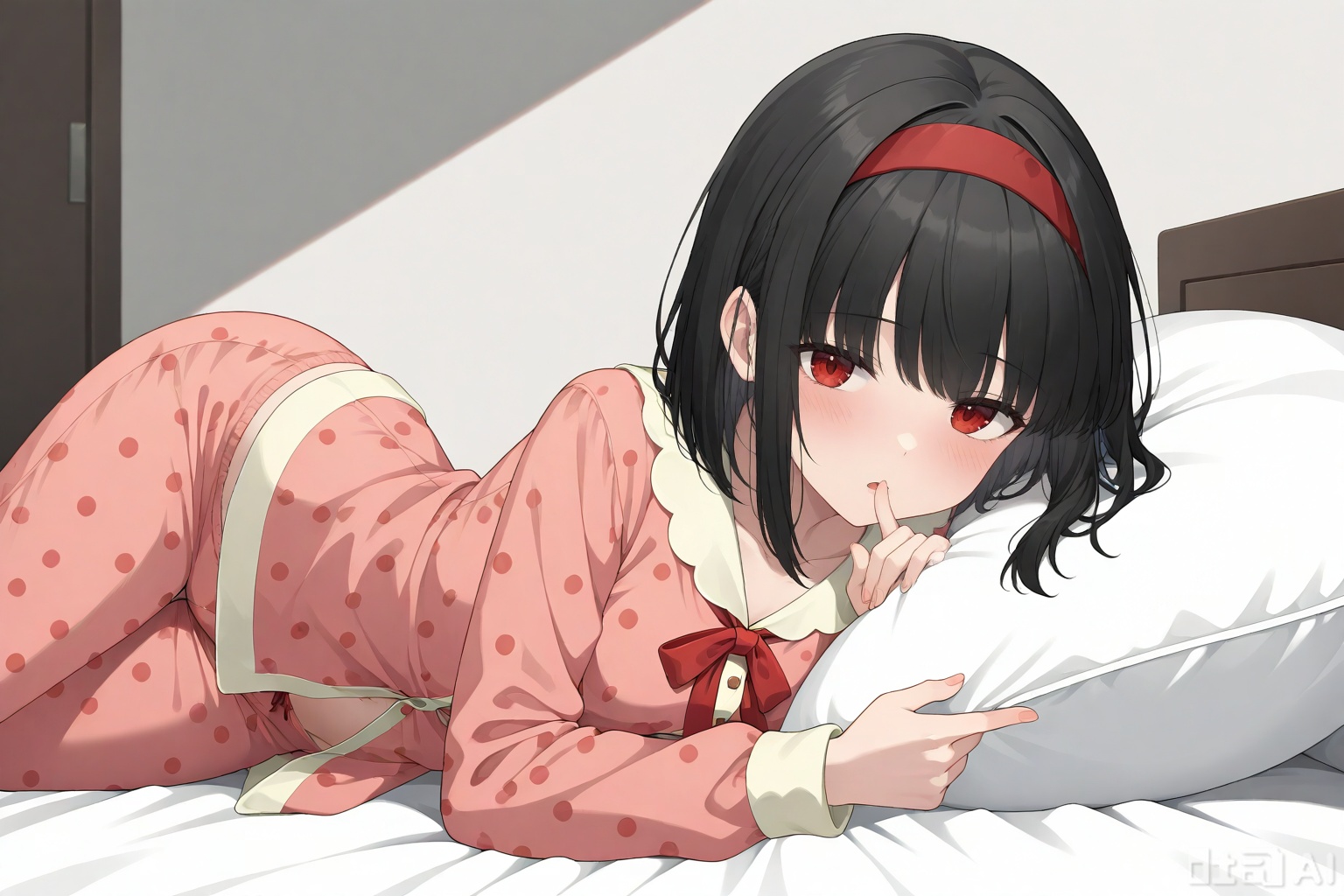 ((1girl)), ((solo)), long hair,  female school student,{teenage}}, {{young}},,female  school student, bangs, ((black hair)),short hair  red eyes, red hairband,Lying on one side of the bed, wearing pajamas, posing in a seductive posture, with the coordination of pajamas, appearing even more beautiful and appetizing. She looked at me with a hazy expression and made an unusual coquettish gesture,without revealing her hand
