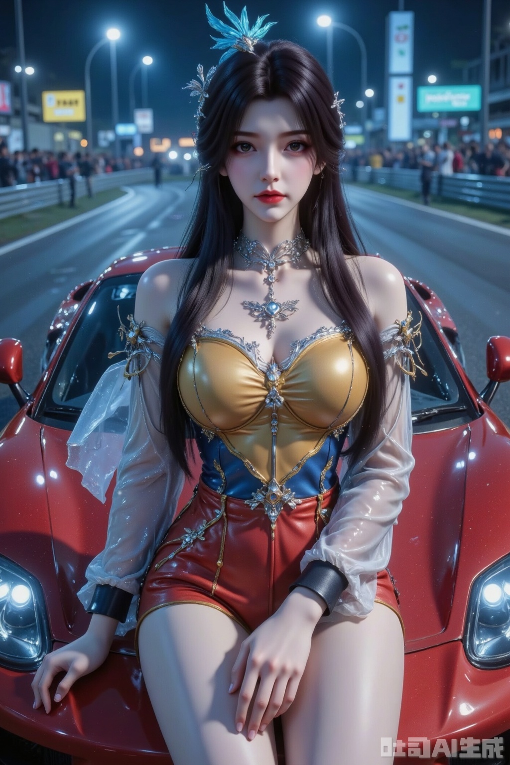 Masterpiece, best quality, high quality,  (black hair: 1.4), (long legs ：1.4),AIAHZ,1girl, veil,Masterpiece, best quality, high quality, (colorful), huge chest, (black hair: 1.4), (long legs: 1.3), (thin legs: 1.3),score_9, score_8, score_7, score_6_up ,1 Korean beauty female, huge breasts, long straight brown hair, Thigh curves, front spotlighted, big ass, Gravure photoshoot ,JillRE3,JillSTARS,Jillrev, (racing suit), full body photos, wearing racing suit, racing shoes,The composition focuses on her upper body against a car racing background, with dramatic lighting highlighting her features and attire.,in fantacy race circuit, cleavage, Sitting on the hood of a sports car, spread legs, pov








