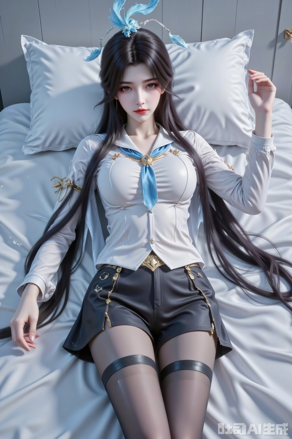 Masterpiece, best quality, high quality,  (black hair: 1.4), (long legs ：1.4),AIAHZ,1girl, veil, 8k, best quality, masterpiece, 1 girl, (with long black hair flowing), 1girl, solo, breasts, looking at viewer, blush,  bangs, blue eyes, shirt, long sleeves, closed mouth, school uniform, white shirt, longhair, pantyhose, lying, serafuku, on back, sailor collar, arms up, neckerchief, black pantyhose, on bed, no pants, thighband pantyhose, white sailor collar, blue neckerchief