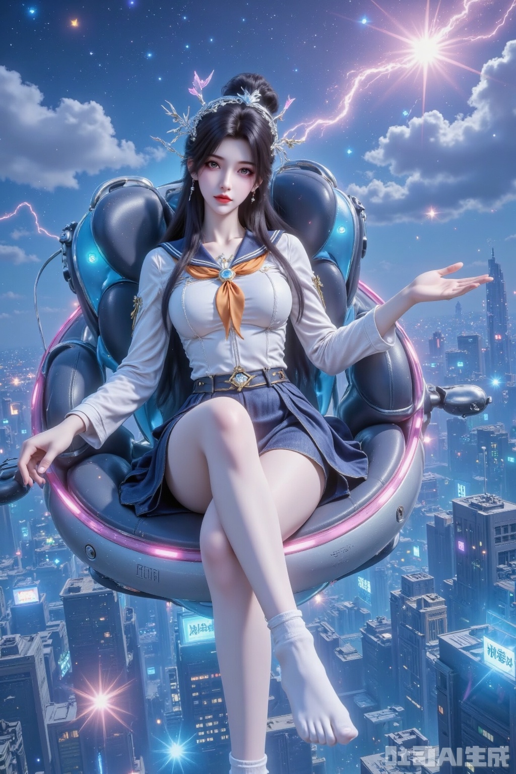 Masterpiece, best quality, high quality,  (black hair: 1.4), (long legs ：1.4),AIAHZ,1girl, score_9,score_8_up,score_7_up,score_6_up,score_5_up,score_4_up,source_anime,source_cartoon,,firefly \(honkai: star rail\),1girl,solo,skirt,hairband,long hair,black hair,black hairband,looking at viewer,sitting,hair intakes,pleated skirt,school uniform,bow,sky,shirt,long sleeves,orange neckerchief,socks,closed mouth,cityscape,white shirt,serafuku,sidelocks,city,multicolored eyes,sailor collar,miniskirt,star \(sky\),neckerchief,skyline,knees up,white socks,building,from above,looking up,