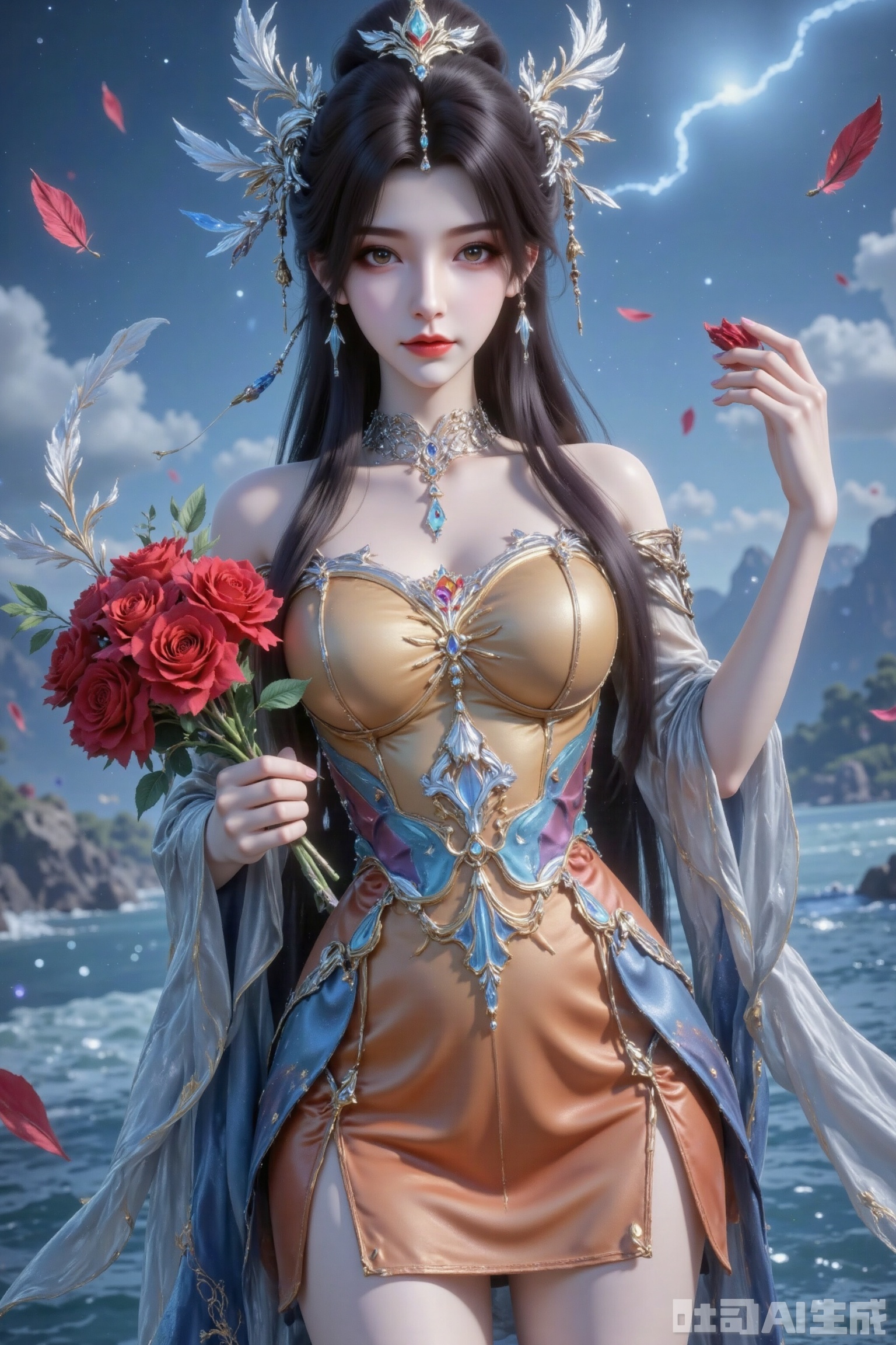 Masterpiece, best quality, high quality, (colorful), large breasts, (black hair: 1.4), (long legs ：1.4),AIAHZ, 1girl, solo, long hair, looking at viewer, brown hair, black hair, hair ornament, dress, holding, bare shoulders, upper body, flower, detached sleeves, rose, feathers, red flower, bouquet, holding flower