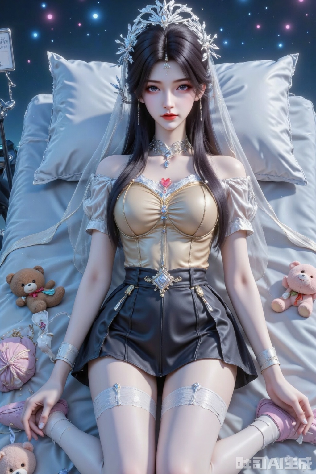 Masterpiece, best quality, high quality,  (black hair: 1.4), (long legs ：1.4),AIAHZ,1girl, veil,1girl, solo, long hair, looking at viewer, blush, bangs, skirt, shirt, black hair, hair ornament, thighhighs, holding, purple eyes, white shirt, short sleeves, heart, pleated skirt, lying, frills, parted lips, shoes, hairclip, puffy sleeves, on back, black skirt, sailor collar, bag, white thighhighs, puffy short sleeves, book, bandages, phone, stuffed toy, stuffed animal, teddy bear, white sailor collar, bandaged arm, pink footwear, earphones, masterpiece,best quality,high quality,chromatic_aberration,light,(colorful:0.5),fair_skin,very aesthetic,absurdres,amazing quality,(aestivation:0.4),(nasii:0.4),(toosaka asagi:0.4),(atdan:0.4),yoneyama_mai,(artist:quasarcake:0.8),(iumu:0.72),(wlop:0.72),96YOTTEA,Konya Karasue, //, depth of field,detailed light,blurry background,best shadow,cinematic lighting,ray tracing, ultra detailed, newest,in the style of fashion photography,dynamic, dynamic force picture






