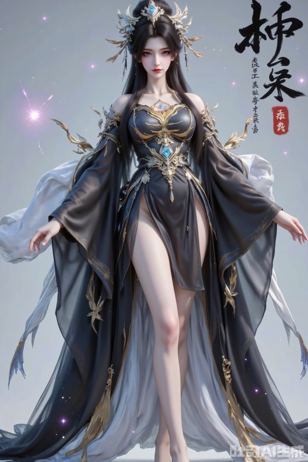 Masterpiece, best quality, high quality,  (black hair: 1.4), (long legs ：1.4),AIAHZ,1girl, veil, 1girl, solo, long hair, looking at viewer, black hair, long sleeves, standing, full body, wide sleeves, hair bun, bare legs, single hair bun, outstretched arms, chinese text, black kimono, aura, ink