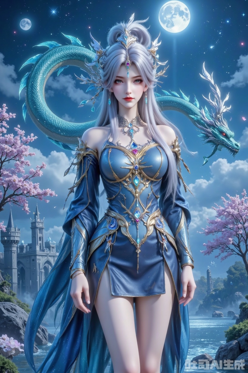 Masterpiece, best quality, high quality,  (black hair: 1.4), (long legs ：1.4),AIAHZ,1girl, veil,Photorealistic style, stunning silver-haired warrior standing sideways, porcelain skin with sapphire-blue eyes. Full-body armor in cold moon silver-blue hue drapes her graceful figure, embossed with rose gold vines and iris patterns, shoulder guards set with starry sapphires. Layered ruby fringe necklace, teardrop crystal earrings, mithril crescent forehead ornament. Background features an emerald dragon coiled over a crumbling crystal castle, molten-gold eyes, iridescent scales refracting light, wings eclipsing the sky. Violet blossoms and glowing moss amidst ruins, crystal shards floating in mist. Moonlight beams pierce clouds, soft-focus glow envelops figure, Tyndall effect with stardust particles, 8K ultra-detailed, epic composition,epiCRealism,RealisticVision,8K resolution, ultra-detailed,realistic fabric physics, cinematic lighting,hair flow dynamics,natural perspective,skin texture, subsurface scattering,balanced composition,centered subject,sharp focus,normal hands (5 fingers),natural joint articulation,Low-cut,Expose the thighs