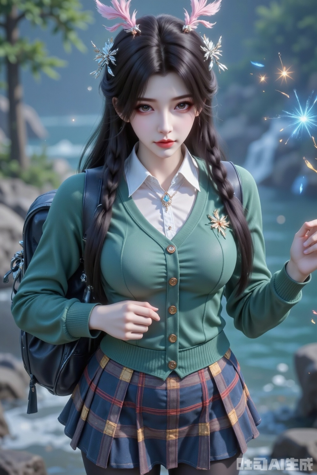 1girl, solo, anya forger \(spy x family\), +_+, looking at viewer, ( twin_braid : 1.2),twinbraids, braid, green cardigan, plaid, pleated skirt, white_blouse, black pantyhose, schoolbag, pout, masterpiece,best quality,absurdes, bingwei_huang_style, lens flare, dynamic angle, from above,