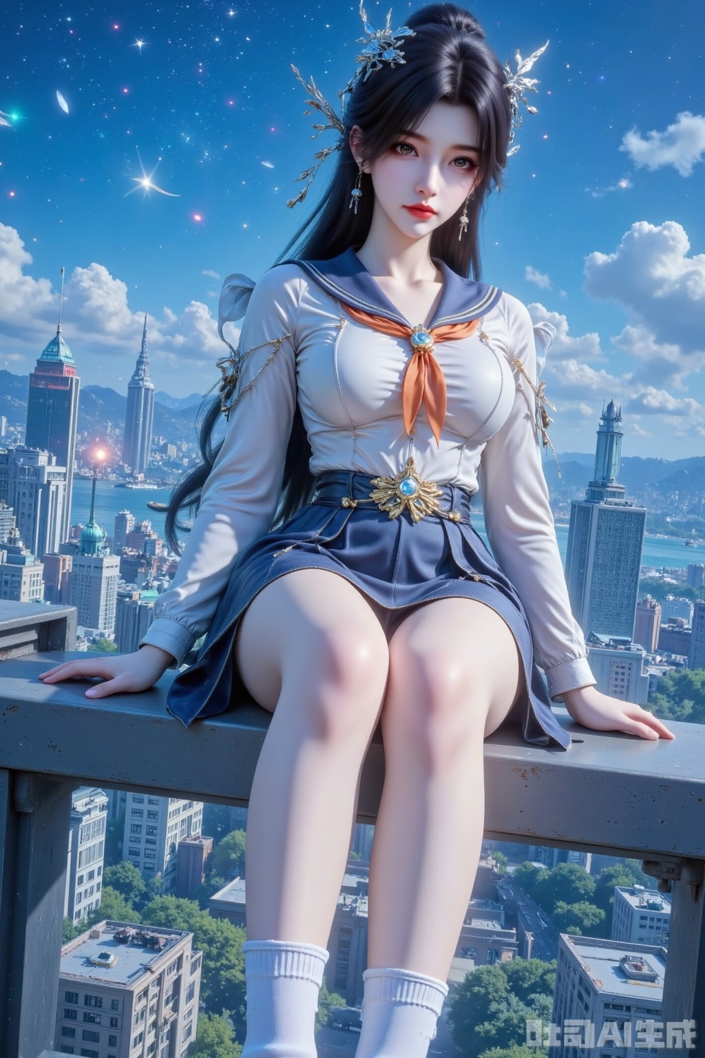 Masterpiece, best quality, high quality,  (black hair: 1.4), (long legs ：1.4),AIAHZ,1girl, score_9,score_8_up,score_7_up,score_6_up,score_5_up,score_4_up,source_anime,source_cartoon,,firefly \(honkai: star rail\),1girl,solo,skirt,hairband,long hair,black hair,black hairband,looking at viewer,sitting,hair intakes,pleated skirt,school uniform,bow,sky,shirt,long sleeves,orange neckerchief,socks,closed mouth,cityscape,white shirt,serafuku,sidelocks,city,multicolored eyes,sailor collar,miniskirt,star \(sky\),neckerchief,skyline,knees up,white socks,building,from above,looking up,