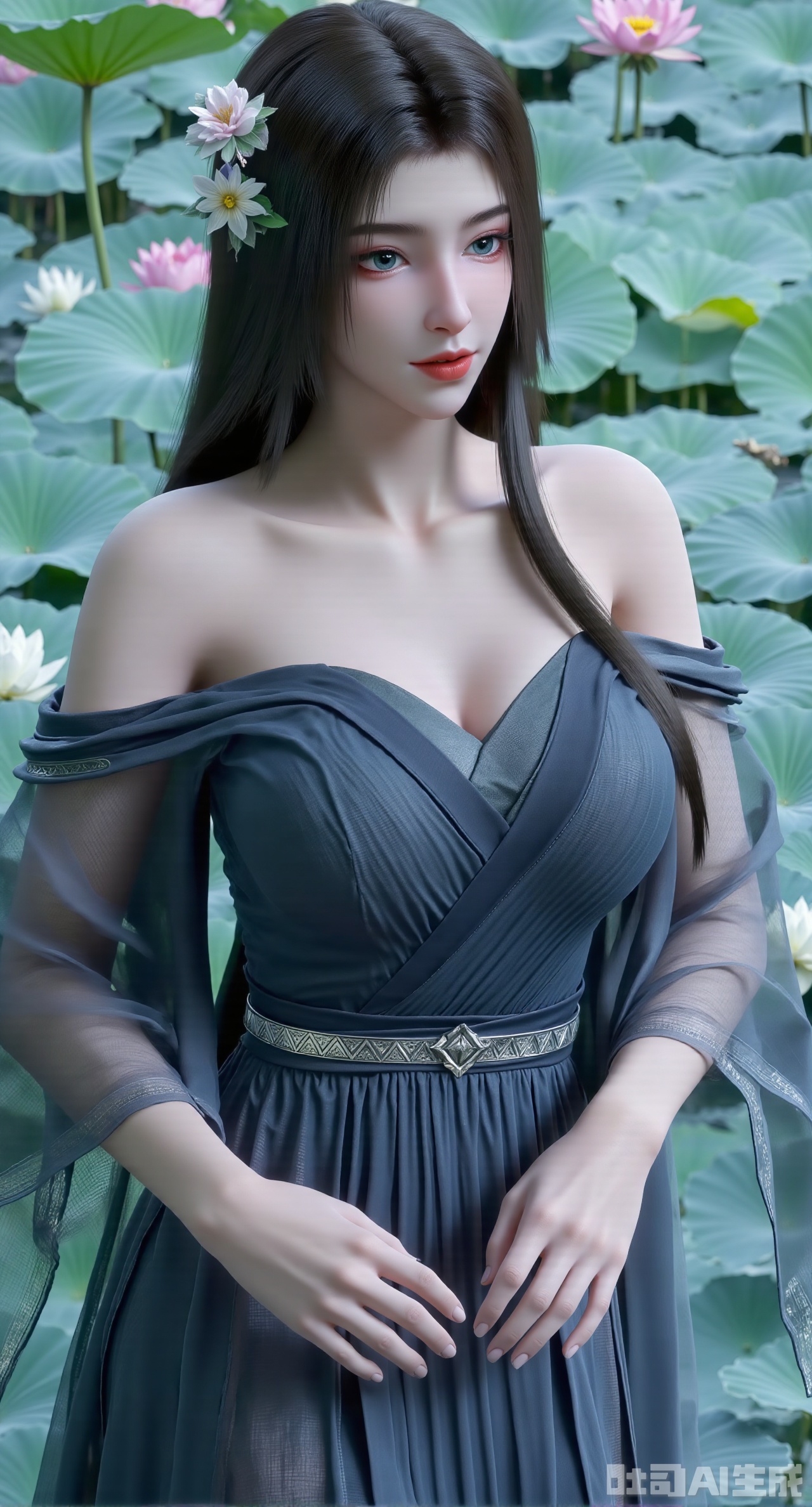 (masterpiece, best quality:1.2),1girl, navel, solo, midriff, bare shoulders, hair ornament, flower, hair flower, black hair, red lips,BREAK, (looking at viewer:1.39), chinese clothes,(Holographic color dress:1.39), (lace,Rainbow Gradient Color:1.29),BREAK,purple eyes,blurry, solo focus, long hair, lips, daytime, lipstick, outdoors, (upper body,,Long legs:1.29), blurry,(huge breasts,full breasts:1.41), background, 1girl, makeup, hair bun,Xyunxiao,(Blue sky:1.39),(Suzhou Garden Lotus Pond,pink lotus,green Lotus Leaf:1.39),(huge breasts:2.99), (full breasts:2.99),XliumeiY,XyueliuY,Xyunwangshu,XlishaoyinY,XyunwangshuxiheY,XlinziyueYH,XtangzichenK,Xnuwashenian,Xbigbreasts,XyanqingfeiY,XyinyueXH