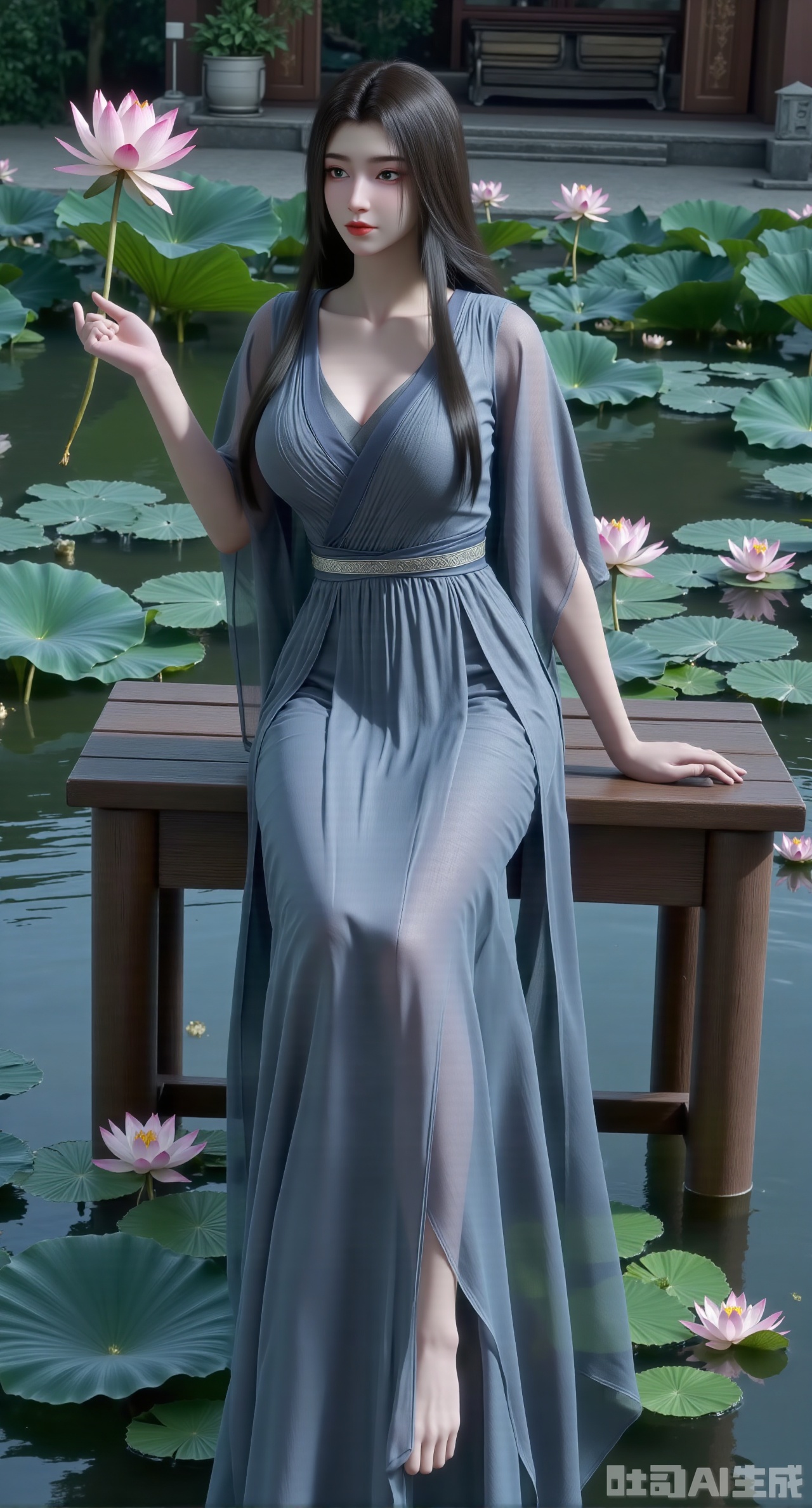(masterpiece:1.2),best quality,The image is a digital illustration of a young woman sitting on a wooden bench in a pond with lily pads. She is wearing a long dress with design on the chest and sleeves. The dress has a high neckline and short sleeves,Holding a lotus in hand. She has long dark hair styled in loose waves and is wearing gold high heels. The woman is posing with one hand on her hip and the other resting on the edge of the bench. The background is filled with pink and white lotus flowers and green leaves. The overall mood of the image is peaceful and serene,(huge breasts:2.99),(full breasts:2.99),(Background with traditional Chinese architecture, lotus pond and pink lotus flowers:1.39),,XliumeiY,XyueliuY,Xyunwangshu,XlishaoyinY,XyunwangshuxiheY,XlinziyueYH,XtangzichenK,Xnuwashenian,Xbigbreasts,XyanqingfeiY,XyinyueXH