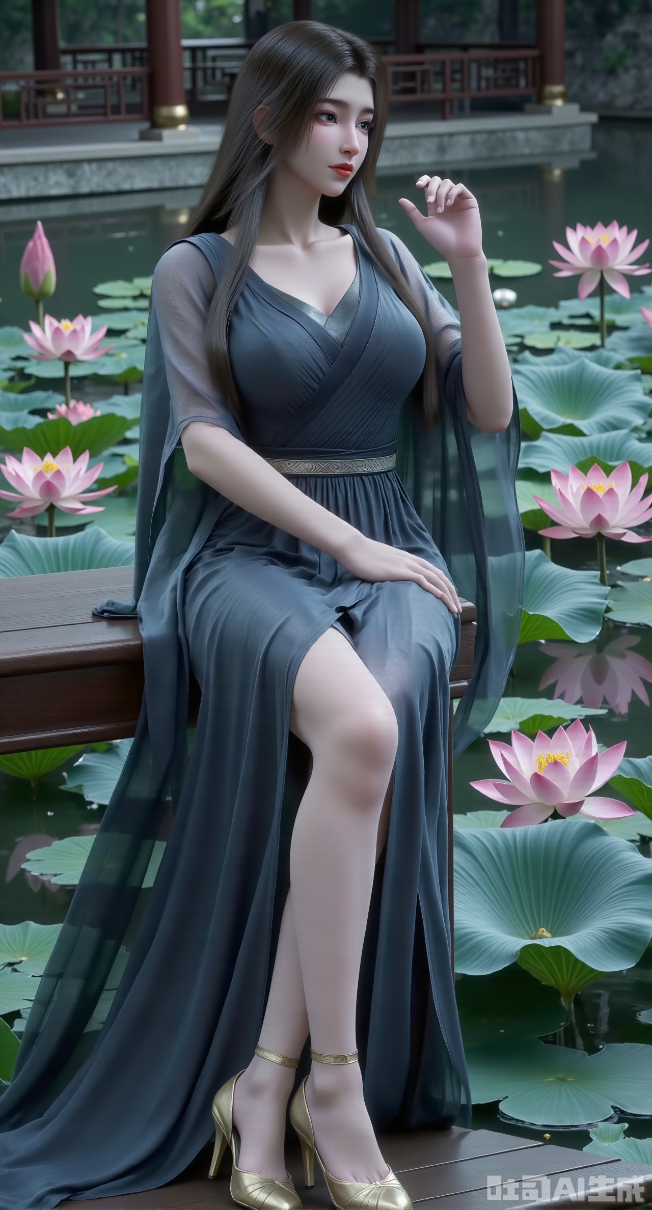 (masterpiece:1.2),best quality,The image is a digital illustration of a young woman sitting on a wooden bench in a pond with lily pads. She is wearing a long dress with design on the chest and sleeves. The dress has a high neckline and short sleeves,Holding a lotus in hand. She has long dark hair styled in loose waves and is wearing gold high heels. The woman is posing with one hand on her hip and the other resting on the edge of the bench. The background is filled with pink and white lotus flowers and green leaves. The overall mood of the image is peaceful and serene,(huge breasts:2.99),(full breasts:2.99),(Background with traditional Chinese architecture, lotus pond and pink lotus flowers:1.39),,XliumeiY,XyueliuY,Xyunwangshu,XlishaoyinY,XyunwangshuxiheY,XlinziyueYH,XtangzichenK,Xnuwashenian,Xbigbreasts,XyanqingfeiY,XyinyueXH