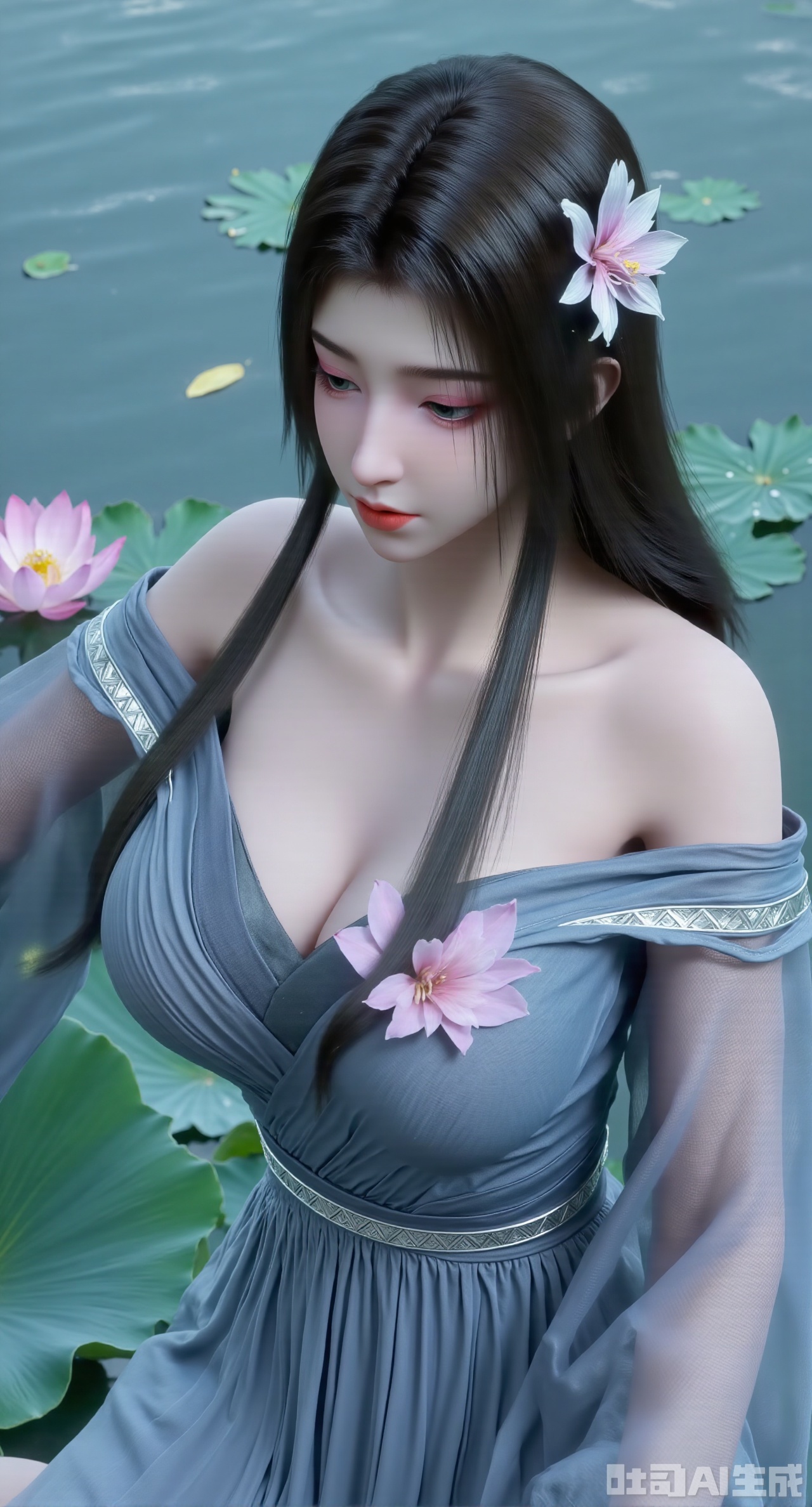 (masterpiece, best quality:1.2),1girl, navel, solo, midriff, bare shoulders, hair ornament, flower, hair flower, black hair, red lips,BREAK, (looking at viewer:1.39), chinese clothes,(Holographic color dress:1.39), (lace,Rainbow Gradient Color:1.29),BREAK,purple eyes,blurry, solo focus, long hair, lips, daytime, lipstick, outdoors, (upper body,,Long legs:1.29), blurry,(huge breasts,full breasts:1.41), background, 1girl, makeup, hair bun,Xyunxiao,(Blue sky:1.39),(Suzhou Garden Lotus Pond,pink lotus,green Lotus Leaf:1.39),(huge breasts:2.99), (full breasts:2.99),XliumeiY,XyueliuY,Xyunwangshu,XlishaoyinY,XyunwangshuxiheY,XlinziyueYH,XtangzichenK,Xnuwashenian,Xbigbreasts,XyanqingfeiY,XyinyueXH