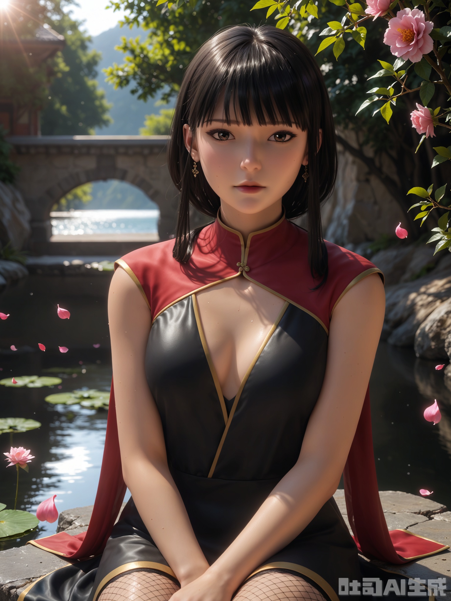 score_9,score_8_up,score_7_up,realistic,photorealistic,1girl,looking_at_viewer,realistic,1girl,Vivid Colors,bright environment,delicate water,hair_ornament,shiny skin,shiny hair,reflection,dress,flower sea,falling petals,extreme detail description,(upper body:0.3),put one hand on your side,long_hair,(skindentation:1.3),Fishnet stockings,bright,sunshine on face,light,sweating,dress,light,sitting_down,glowing,sunshine,bright,reflection,(pale_skin:1.3),chinese clothes,