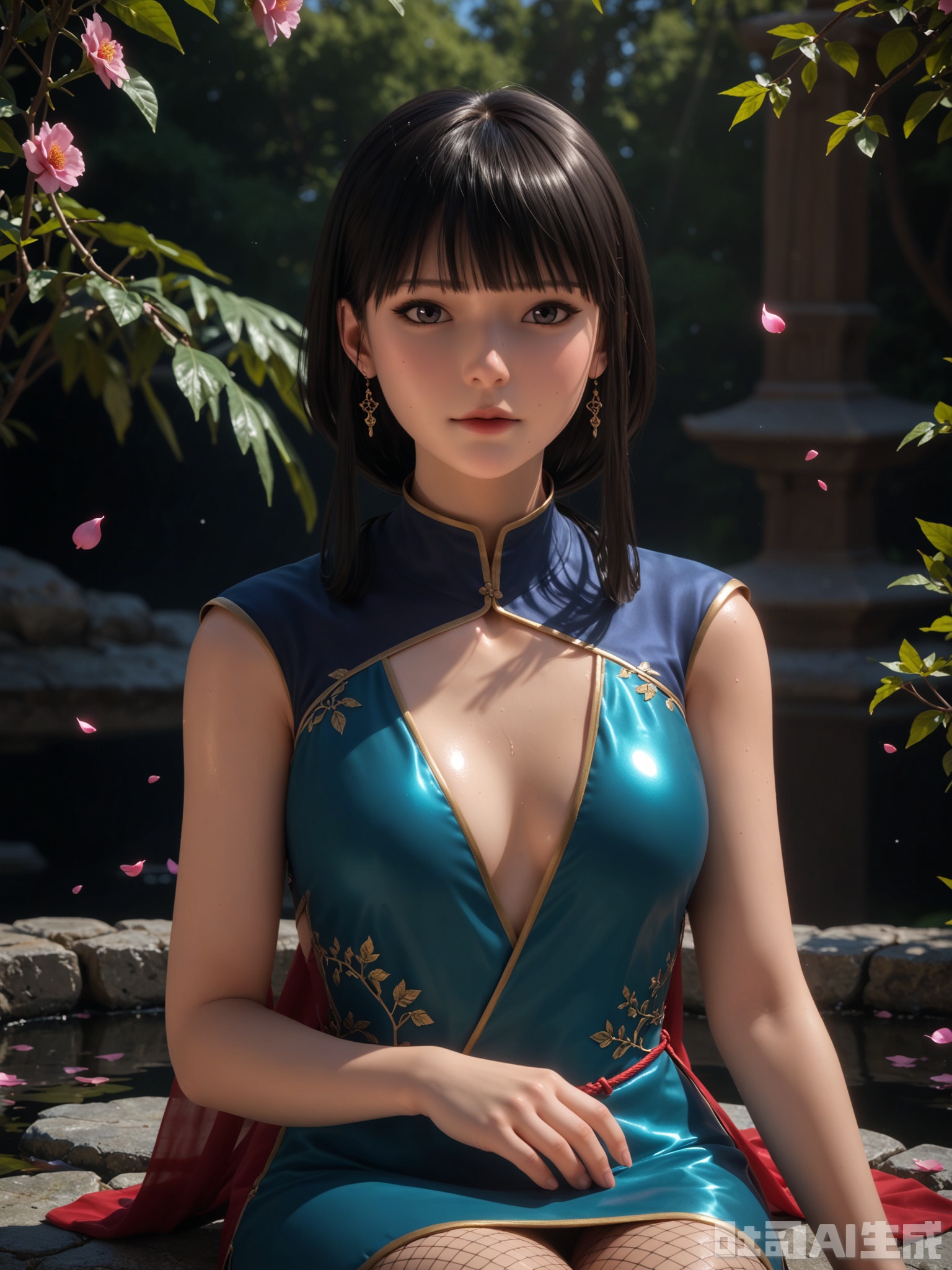 score_9,score_8_up,score_7_up,realistic,photorealistic,1girl,looking_at_viewer,realistic,1girl,Vivid Colors,bright environment,delicate water,hair_ornament,shiny skin,shiny hair,reflection,dress,flower sea,falling petals,extreme detail description,(upper body:0.3),put one hand on your side,long_hair,(skindentation:1.3),Fishnet stockings,bright,sunshine on face,light,sweating,dress,light,sitting_down,glowing,sunshine,bright,reflection,(pale_skin:1.3),chinese clothes,