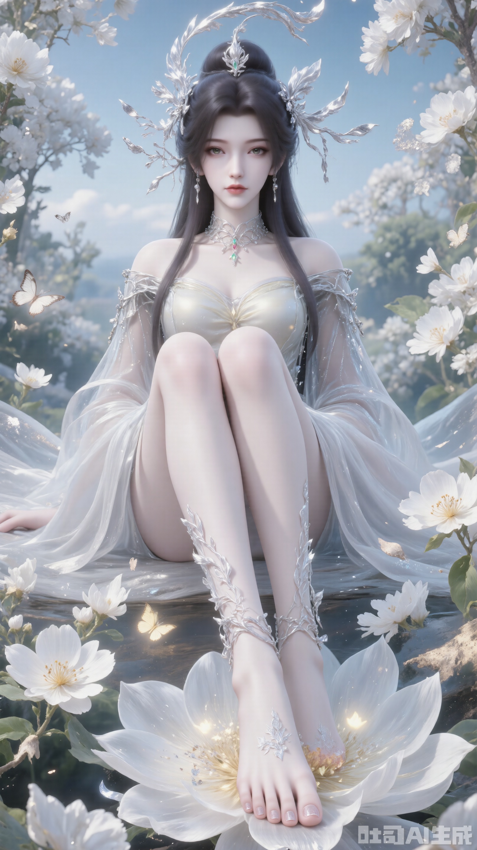 Barefoot,The best quality, ultra-high resolution, masterpiece, original, extremely fine wallpaper, perfect light effect, this is a digital illustration, vertical full-body portrait, densely packed with white flowers, creating a rich and textured background. In the center of the picture, a beautiful Chinese woman is in the white flowers, making her look like she is part of a garden full of flowers. The flowers around her add depth and sense of encirclement to the picture and enhance the layering of the composition. Her stunning white evening gown echoes the purity and elegance of the surrounding flowers. The woman was facing the camera, among the lush flowers, her eyes were charming and quiet. The dense floral background and capture of the woman's whole body highlight the exquisite fusion of human elegance and nature. The long black green hair is straight, the picture has blur and halo effects, and butterflies embellish it. She has an angel's beautiful face and a perfect female figure (a skirt composed of flowers, intensity coefficient, translucent body, transparent petals, glowing petals, gradient effect, contour light, particles, award-winning artwork. She has fair skin tone, fine black details and soft and flowing hair carefully combed to complex hair accessories, with gorgeous details. She is in a bright garden with gorgeous flowers, a blue sky, and deep and rich tones.), her head is decorated with exquisite and complex hair accessories, and some tulle fabrics naturally hang down, creating a dreamy feeling, exquisite and unique. The overall look shows the beauty and tenderness of a girl, just like a fairy in a fairy tale, exuding charm. This charming character is portrayed in a surreal style. She has elegant movements, and the overall style of this illustration is extremely delicate, focusing on the combination of realistic and fantasy elements.