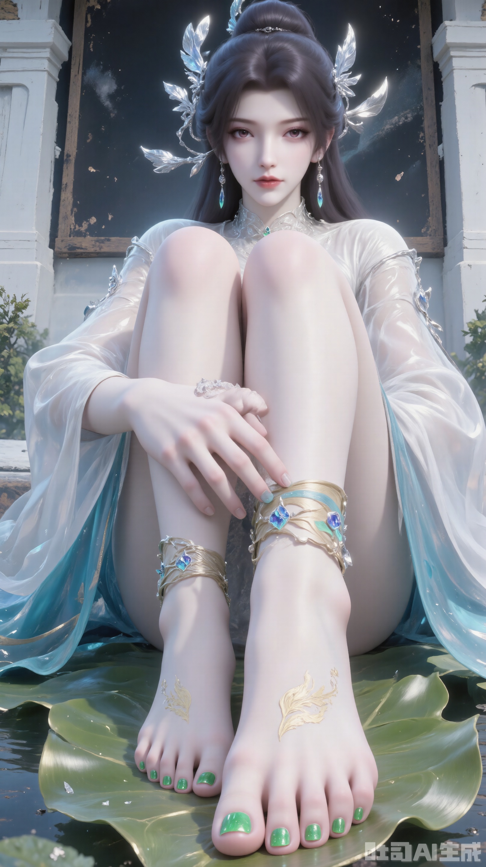 3D rendering of her sitting on a large leaf. Her feet were painted with green nail polish, adding a hint of color to her feet. Her hair was shining and her eyes were red. She wore a white long-sleeved shirt with blue decor on her head, matching green bracelets and a pair of swinging earrings. Her left hand is placed on her left foot and her right hand is placed on her right foot. The background is a white building, and the wall is a black wooden board dotted with water droplets, adding a sense of layering to the picture.