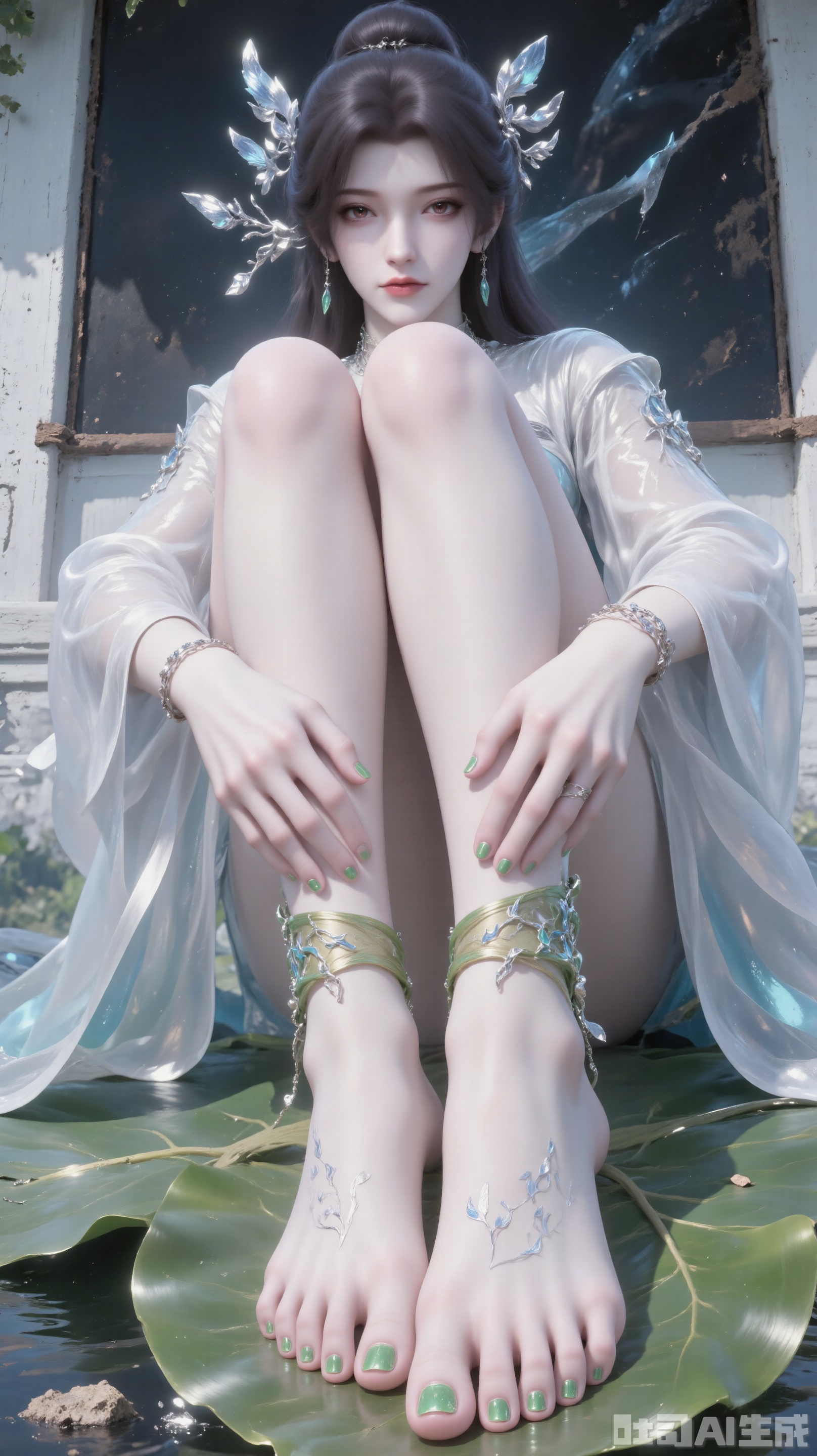 3D rendering of her sitting on a large leaf. Her feet were painted with green nail polish, adding a hint of color to her feet. Her hair was shining and her eyes were red. She wore a white long-sleeved shirt with blue decor on her head, matching green bracelets and a pair of swinging earrings. Her left hand is placed on her left foot and her right hand is placed on her right foot. The background is a white building, and the wall is a black wooden board dotted with water droplets, adding a sense of layering to the picture.