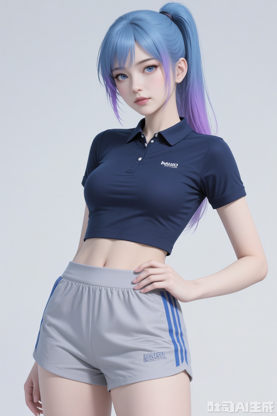 A beautiful anime - style girl with long blue - purple gradient hair tied in a high ponytail. She has bright blue eyes, wears a dark blue cropped polo shirt with a small "baisu" - like logo on the chest, and light gray sports shorts with blue stripes on the sides. Posing with one hand on her hip against a simple light - colored background, high - detail, realistic shading, anime - realistic hybrid style, 8K resolution, photorealistic rendering.
