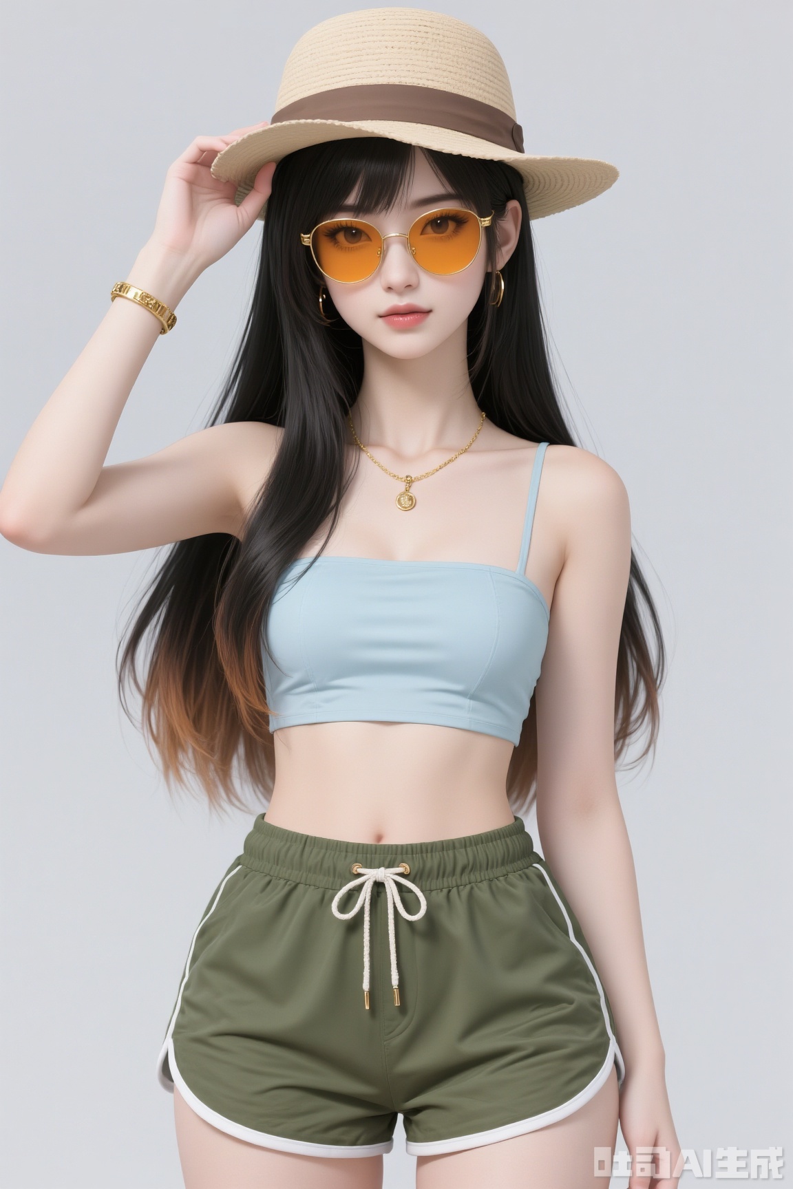 A beautiful anime - style girl with long hair transitioning from black to brown. She's wearing a straw hat with a brown ribbon, orange - tinted sunglasses, a light blue tube top, olive - green drawstring shorts with white trim. Accessorized with a gold bracelet, gold hoop earrings, and a gold pendant necklace. One hand is touching the hat, against a simple light - colored background, high - detail, realistic shading, anime - realistic hybrid style, 8K resolution, photorealistic rendering.