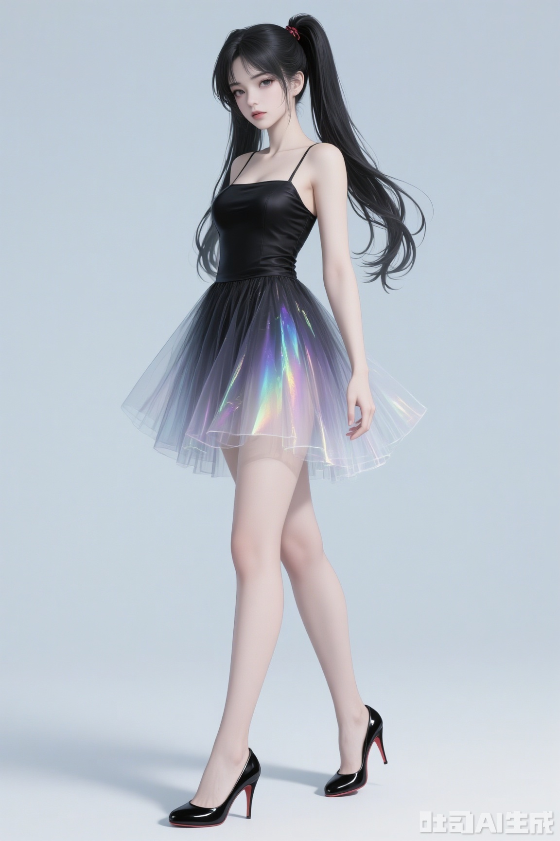 A beautiful anime - style girl with long black hair styled into two ponytails, each adorned with a black bow. She wears a black spaghetti - strap dress with a tulle skirt that fades into a colorful, iridescent effect. Completing her look are black high - heeled shoes with red soles. Against a simple light - blue background, high - detail, realistic shading, anime - realistic hybrid style, 8K resolution, photorealistic rendering.