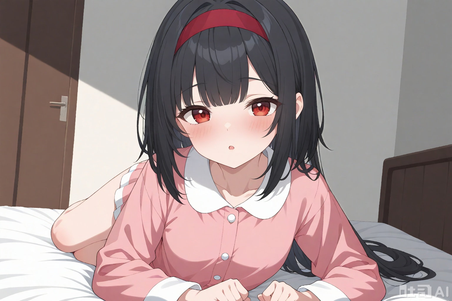 ((1girl)), ((solo)), long hair,  female school student,{teenage}}, {{young}},,female  school student, bangs, ((black hair)),short hair  red eyes, red hairband,Lying on one side of the bed, wearing pajamas, posing in a seductive posture, with the coordination of pajamas, appearing even more beautiful and appetizing. She looked at me with a hazy expression and made an unusual coquettish gesture,without revealing her hand