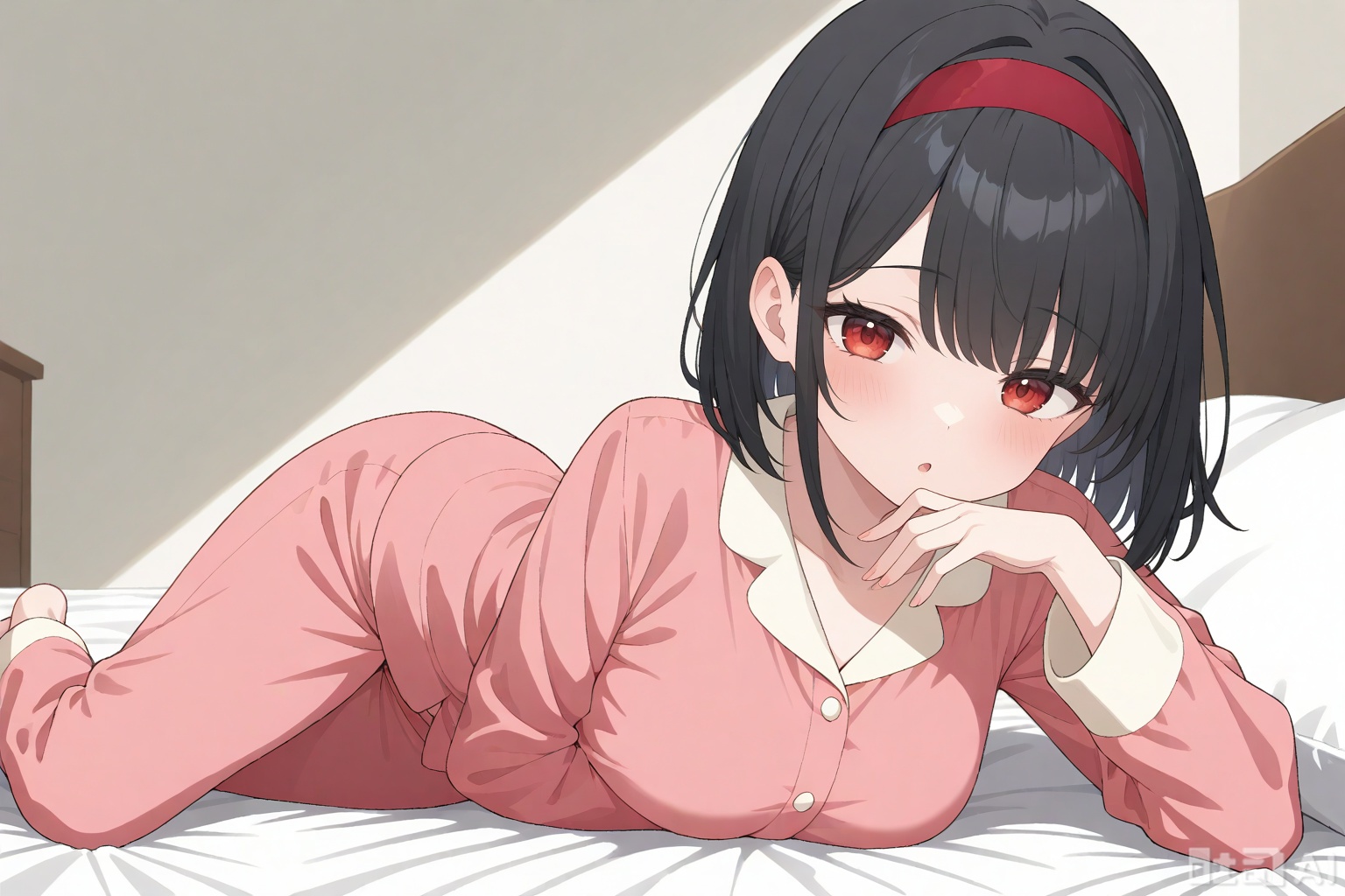 ((1girl)), ((solo)), long hair,  female school student,{teenage}}, {{young}},,female  school student, bangs, ((black hair)),short hair  red eyes, red hairband,Lying on one side of the bed, wearing pajamas, posing in a seductive posture, with the coordination of pajamas, appearing even more beautiful and appetizing. She looked at me with a hazy expression and made an unusual coquettish gesture,without revealing her hand