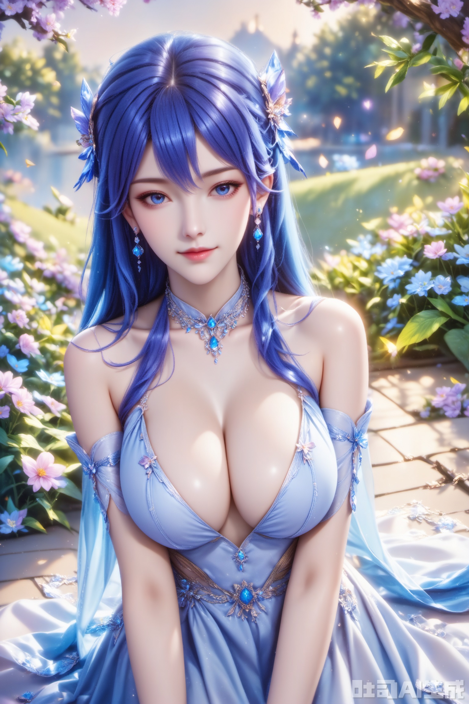 score_9,score_8_up,1girl, solo, long hair, breasts, looking at viewer, blue eyes, large breasts, hair ornament, dress, cleavage, bare shoulders, jewelry, blue hair, earrings, detached sleeves,white dress,  blue dress,The Purple Dress,Purple hair,masterpiece,best quality,official art,extremely detailed CG unity 8k wallpaper,upper body,looking at viewer,in a meadow,in a meadow,