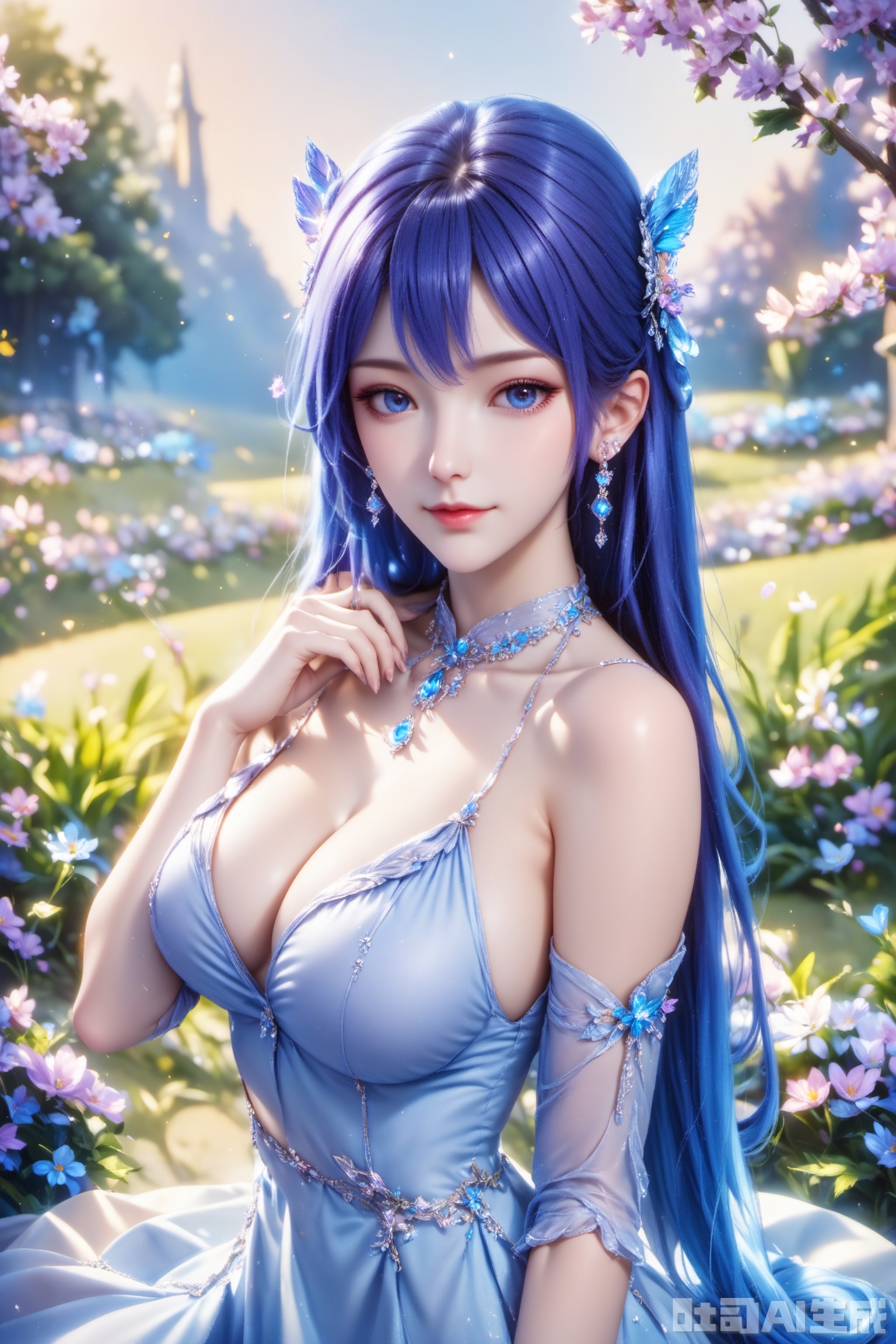 score_9,score_8_up,1girl, solo, long hair, breasts, looking at viewer, blue eyes, large breasts, hair ornament, dress, cleavage, bare shoulders, jewelry, blue hair, earrings, detached sleeves,white dress,  blue dress,The Purple Dress,Purple hair,masterpiece,best quality,official art,extremely detailed CG unity 8k wallpaper,upper body,looking at viewer,in a meadow,in a meadow,