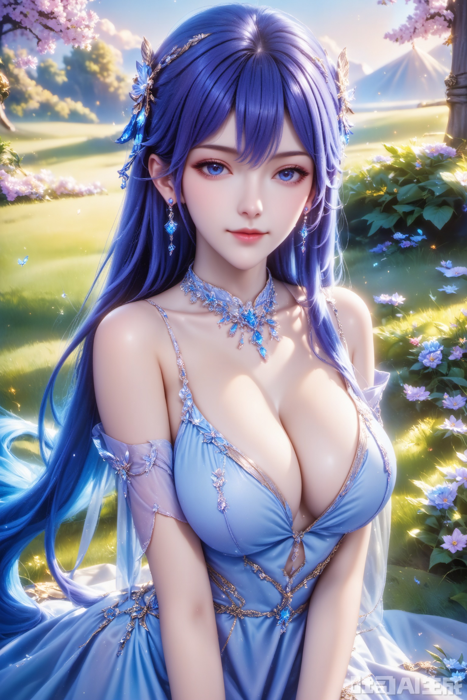 score_9,score_8_up,1girl, solo, long hair, breasts, looking at viewer, blue eyes, large breasts, hair ornament, dress, cleavage, bare shoulders, jewelry, blue hair, earrings, detached sleeves,white dress,  blue dress,The Purple Dress,Purple hair,masterpiece,best quality,official art,extremely detailed CG unity 8k wallpaper,upper body,looking at viewer,in a meadow,in a meadow,