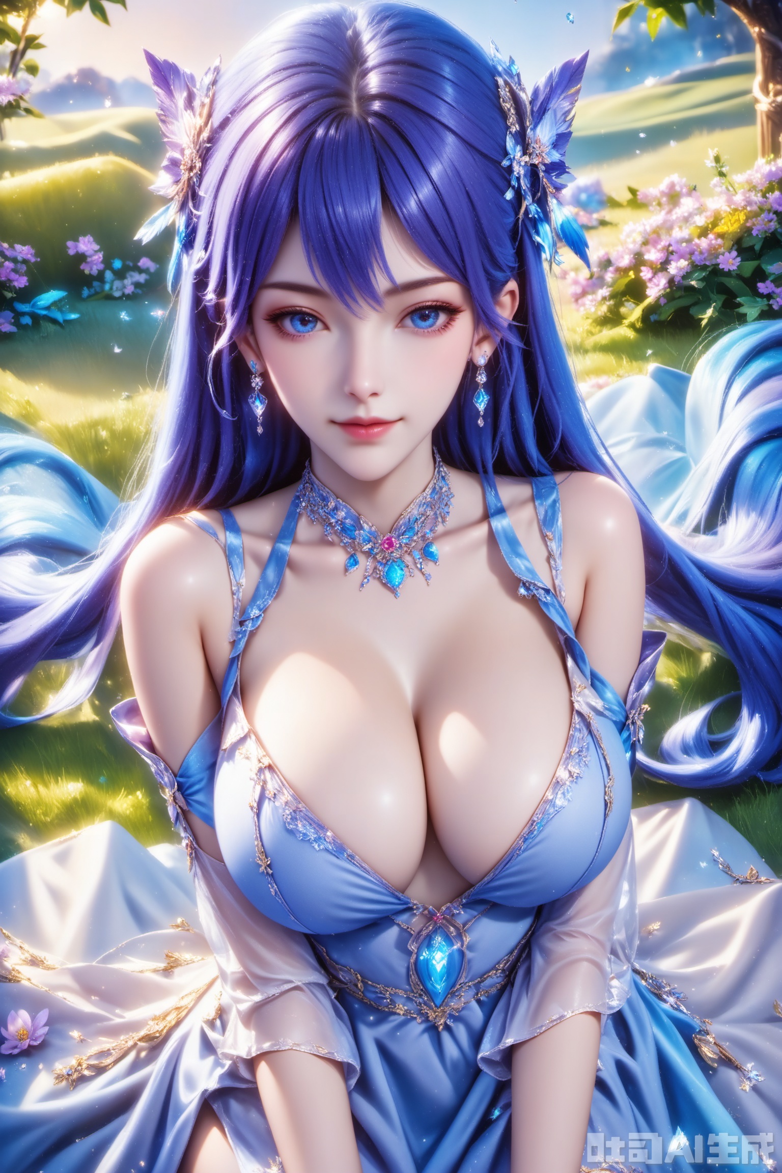 score_9,score_8_up,1girl, solo, long hair, breasts, looking at viewer, blue eyes, large breasts, hair ornament, dress, cleavage, bare shoulders, jewelry, blue hair, earrings, detached sleeves,white dress,  blue dress,The Purple Dress,Purple hair,masterpiece,best quality,official art,extremely detailed CG unity 8k wallpaper,upper body,looking at viewer,in a meadow,in a meadow,