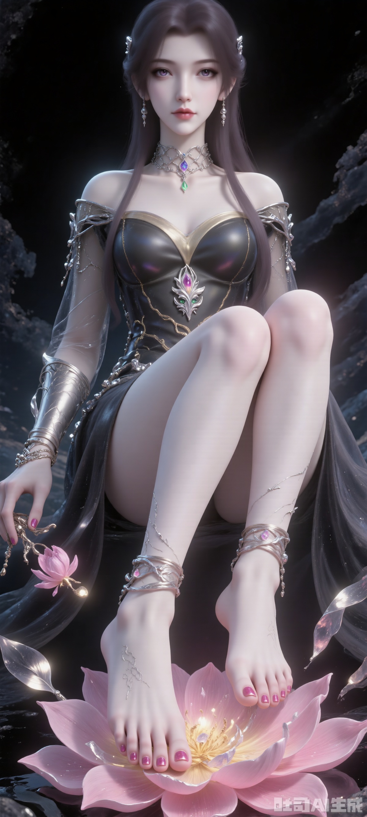 A digital artwork depicts a slim, fair-skinned woman with long brown hair and a ponytail. She was wearing a black dress with delicate lace details and a deep V-neck. Her left arm was wearing a huge and gorgeous handguard. She held a pink lotus in her right hand. She sat barefoot on a pink lotus, lifting one foot to expose the soles of her feet, and wearing accessories on her feet. The background is pure black.