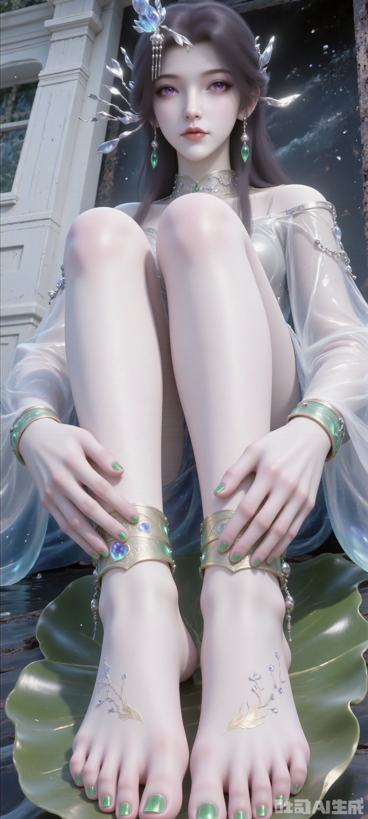 3D rendering of her sitting on a large leaf. Her feet were painted with green nail polish, adding a hint of color to her feet. Her hair was shining and her eyes were red. She wore a white long-sleeved shirt with blue decor on her head, matching green bracelets and a pair of swinging earrings. Her left hand is placed on her left foot and her right hand is placed on her right foot. The background is a white building, and the wall is a black wooden board dotted with water droplets, adding a sense of layering to the picture.
