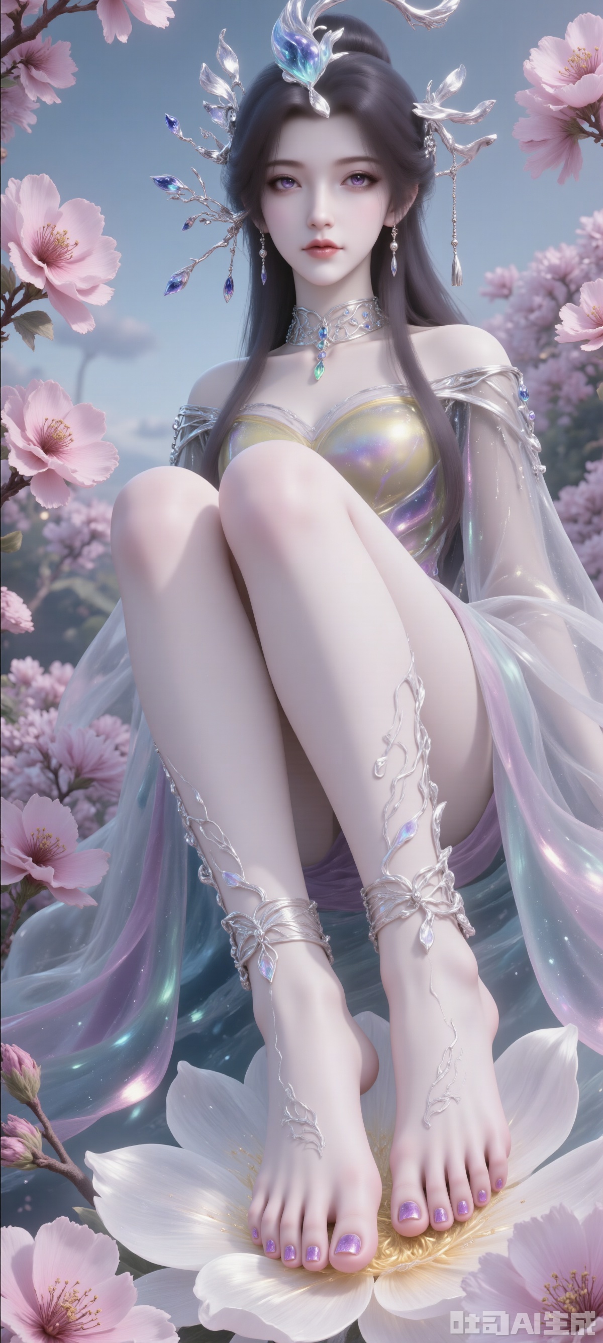 A woman with dark brown hair and a blue hat on her head, wearing a silver necklace and earrings. Her hair draped over her shoulders added a touch of beauty to her outfit, she sat barefoot on a large white flower with decorations on her feet and purple nail polish on her toes and thick pink flowers on the background, creating a rich and textured background. In the middle of the painting, a beautiful Chinese woman stands among pink flowers, making her look like part of a garden full of flowers. Her skin is fair, with delicate black details, soft and flowing hair, carefully combed to complex hair accessories, with gorgeous details. She is in a bright garden with bright flowers, blue sky and deep and rich tones.
