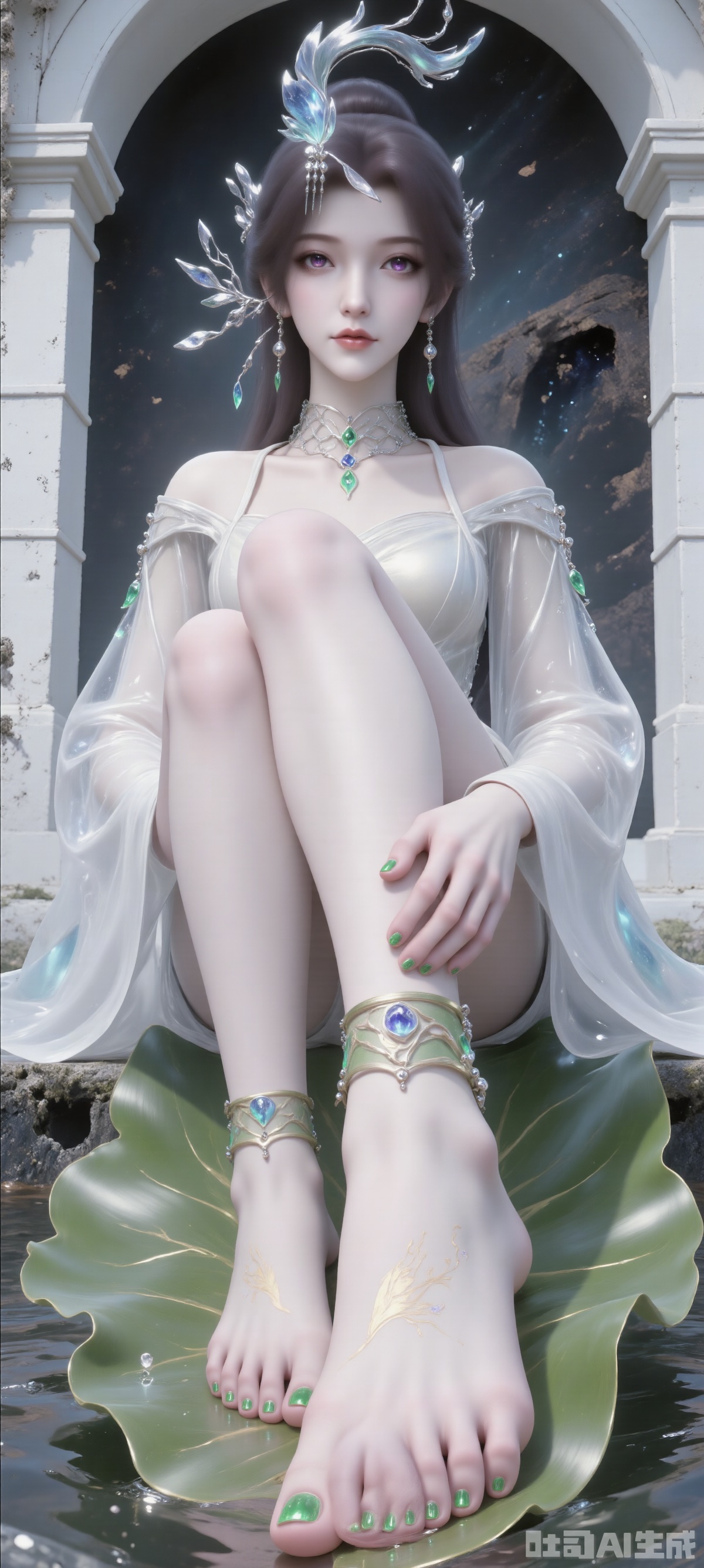 3D rendering of her sitting on a large leaf. Her feet were painted with green nail polish, adding a hint of color to her feet. Her hair was shining and her eyes were red. She wore a white long-sleeved shirt with blue decor on her head, matching green bracelets and a pair of swinging earrings. Her left hand is placed on her left foot and her right hand is placed on her right foot. The background is a white building, and the wall is a black wooden board dotted with water droplets, adding a sense of layering to the picture.