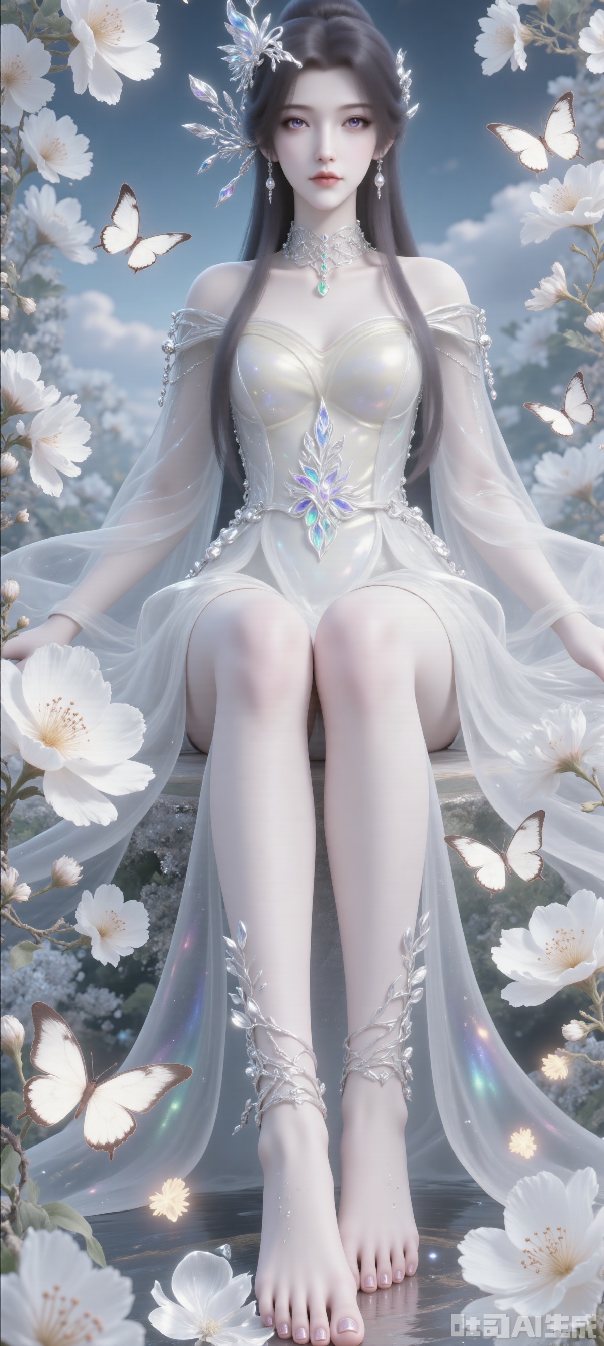 Barefoot,The best quality, ultra-high resolution, masterpiece, original, extremely fine wallpaper, perfect light effect, this is a digital illustration, vertical full-body portrait, densely packed with white flowers, creating a rich and textured background. In the center of the picture, a beautiful Chinese woman is in the white flowers, making her look like she is part of a garden full of flowers. The flowers around her add depth and sense of encirclement to the picture and enhance the layering of the composition. Her stunning white evening gown echoes the purity and elegance of the surrounding flowers. The woman was facing the camera, among the lush flowers, her eyes were charming and quiet. The dense floral background and capture of the woman's whole body highlight the exquisite fusion of human elegance and nature. The long black green hair is straight, the picture has blur and halo effects, and butterflies embellish it. She has an angel's beautiful face and a perfect female figure (a skirt composed of flowers, intensity coefficient, translucent body, transparent petals, glowing petals, gradient effect, contour light, particles, award-winning artwork. She has fair skin tone, fine black details and soft and flowing hair carefully combed to complex hair accessories, with gorgeous details. She is in a bright garden with gorgeous flowers, a blue sky, and deep and rich tones.), her head is decorated with exquisite and complex hair accessories, and some tulle fabrics naturally hang down, creating a dreamy feeling, exquisite and unique. The overall look shows the beauty and tenderness of a girl, just like a fairy in a fairy tale, exuding charm. This charming character is portrayed in a surreal style. She has elegant movements, and the overall style of this illustration is extremely delicate, focusing on the combination of realistic and fantasy elements.