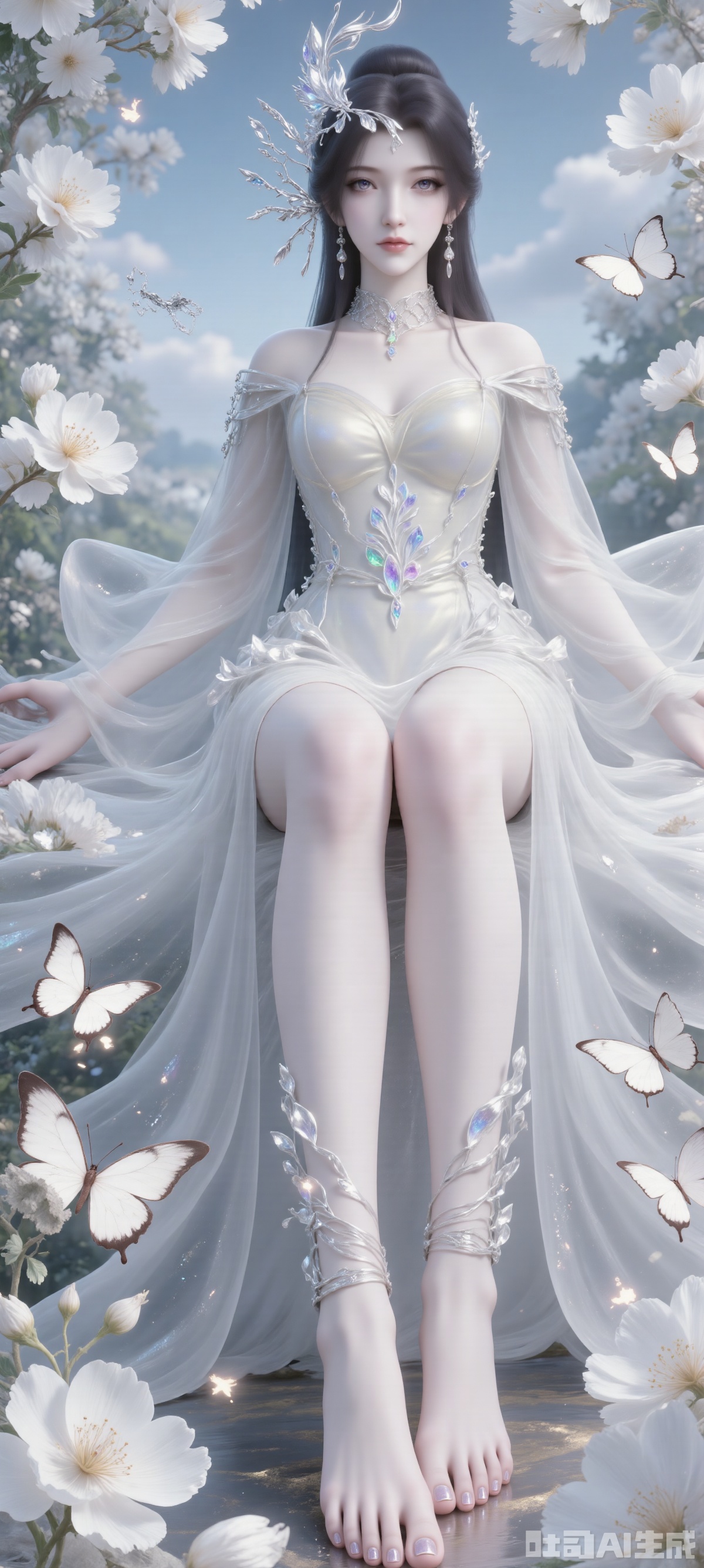Barefoot,The best quality, ultra-high resolution, masterpiece, original, extremely fine wallpaper, perfect light effect, this is a digital illustration, vertical full-body portrait, densely packed with white flowers, creating a rich and textured background. In the center of the picture, a beautiful Chinese woman is in the white flowers, making her look like she is part of a garden full of flowers. The flowers around her add depth and sense of encirclement to the picture and enhance the layering of the composition. Her stunning white evening gown echoes the purity and elegance of the surrounding flowers. The woman was facing the camera, among the lush flowers, her eyes were charming and quiet. The dense floral background and capture of the woman's whole body highlight the exquisite fusion of human elegance and nature. The long black green hair is straight, the picture has blur and halo effects, and butterflies embellish it. She has an angel's beautiful face and a perfect female figure (a skirt composed of flowers, intensity coefficient, translucent body, transparent petals, glowing petals, gradient effect, contour light, particles, award-winning artwork. She has fair skin tone, fine black details and soft and flowing hair carefully combed to complex hair accessories, with gorgeous details. She is in a bright garden with gorgeous flowers, a blue sky, and deep and rich tones.), her head is decorated with exquisite and complex hair accessories, and some tulle fabrics naturally hang down, creating a dreamy feeling, exquisite and unique. The overall look shows the beauty and tenderness of a girl, just like a fairy in a fairy tale, exuding charm. This charming character is portrayed in a surreal style. She has elegant movements, and the overall style of this illustration is extremely delicate, focusing on the combination of realistic and fantasy elements.