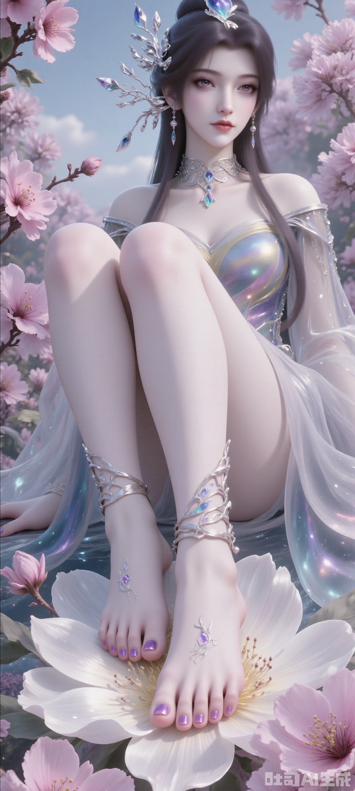 A woman with dark brown hair and a blue hat on her head, wearing a silver necklace and earrings. Her hair draped over her shoulders added a touch of beauty to her outfit, she sat barefoot on a large white flower with decorations on her feet and purple nail polish on her toes and thick pink flowers on the background, creating a rich and textured background. In the middle of the painting, a beautiful Chinese woman stands among pink flowers, making her look like part of a garden full of flowers. Her skin is fair, with delicate black details, soft and flowing hair, carefully combed to complex hair accessories, with gorgeous details. She is in a bright garden with bright flowers, blue sky and deep and rich tones.