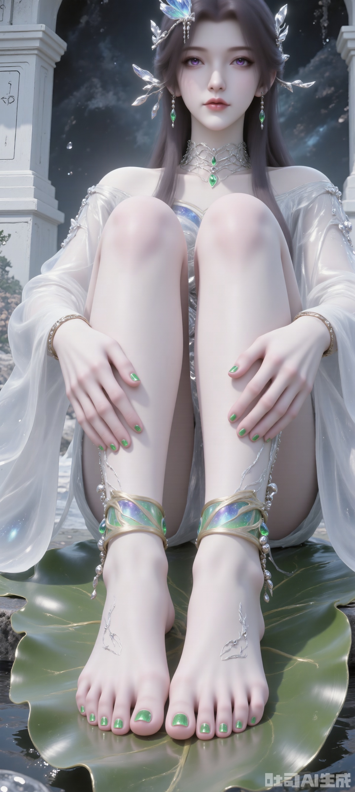 3D rendering of her sitting on a large leaf. Her feet were painted with green nail polish, adding a hint of color to her feet. Her hair was shining and her eyes were red. She wore a white long-sleeved shirt with blue decor on her head, matching green bracelets and a pair of swinging earrings. Her left hand is placed on her left foot and her right hand is placed on her right foot. The background is a white building, and the wall is a black wooden board dotted with water droplets, adding a sense of layering to the picture.