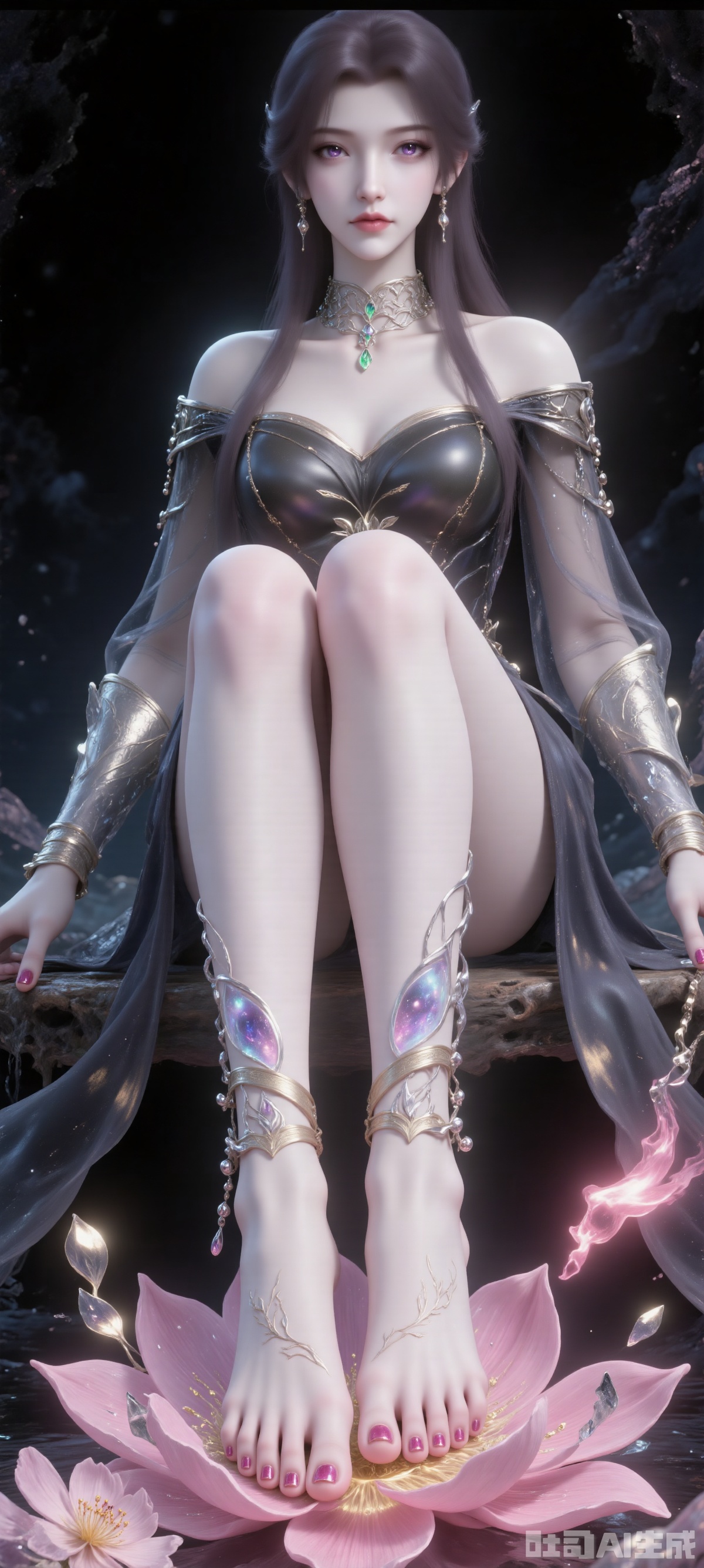 A digital artwork depicts a slim, fair-skinned woman with long brown hair and a ponytail. She was wearing a black dress with delicate lace details and a deep V-neck. Her left arm was wearing a huge and gorgeous handguard. She held a pink lotus in her right hand. She sat barefoot on a pink lotus, lifting one foot to expose the soles of her feet, and wearing accessories on her feet. The background is pure black.