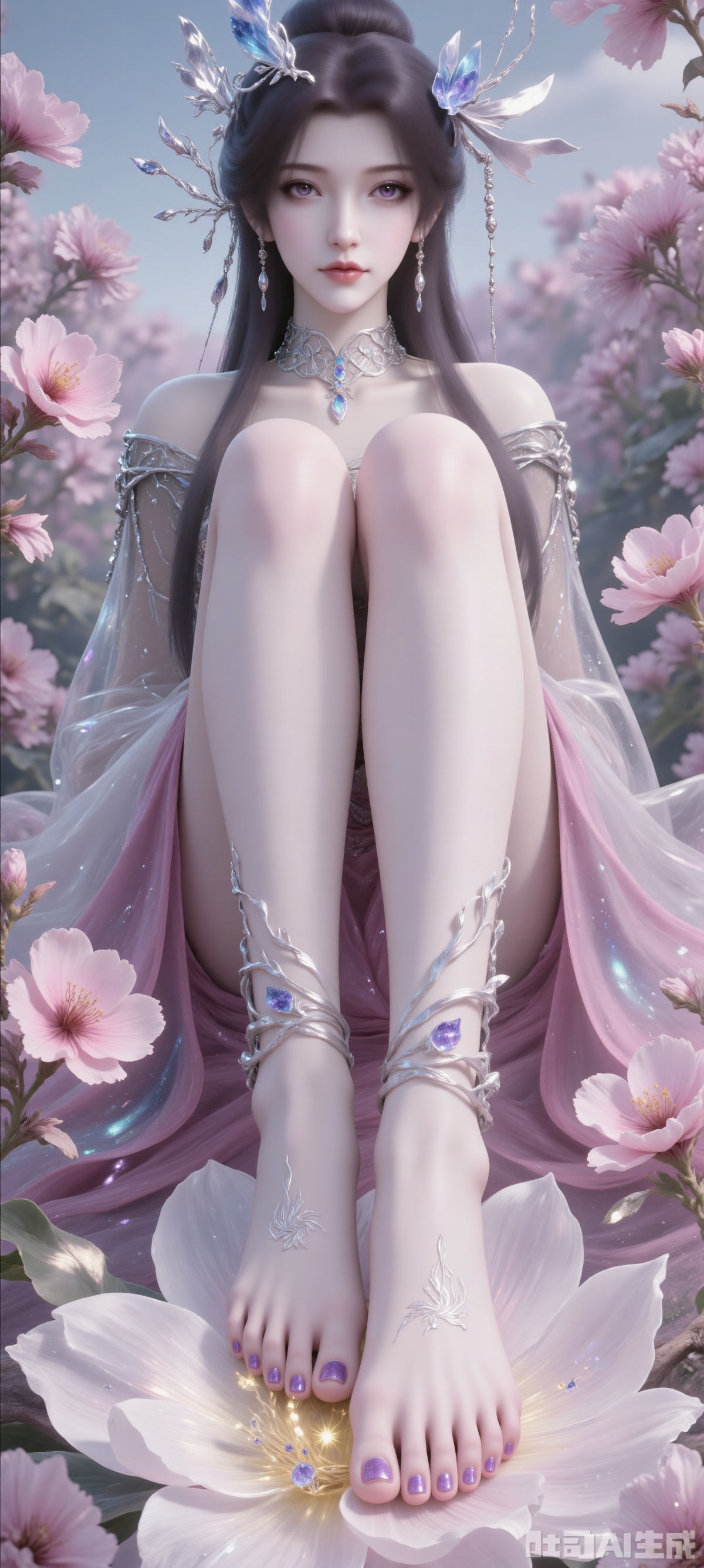 A woman with dark brown hair and a blue hat on her head, wearing a silver necklace and earrings. Her hair draped over her shoulders added a touch of beauty to her outfit, she sat barefoot on a large white flower with decorations on her feet and purple nail polish on her toes and thick pink flowers on the background, creating a rich and textured background. In the middle of the painting, a beautiful Chinese woman stands among pink flowers, making her look like part of a garden full of flowers. Her skin is fair, with delicate black details, soft and flowing hair, carefully combed to complex hair accessories, with gorgeous details. She is in a bright garden with bright flowers, blue sky and deep and rich tones.