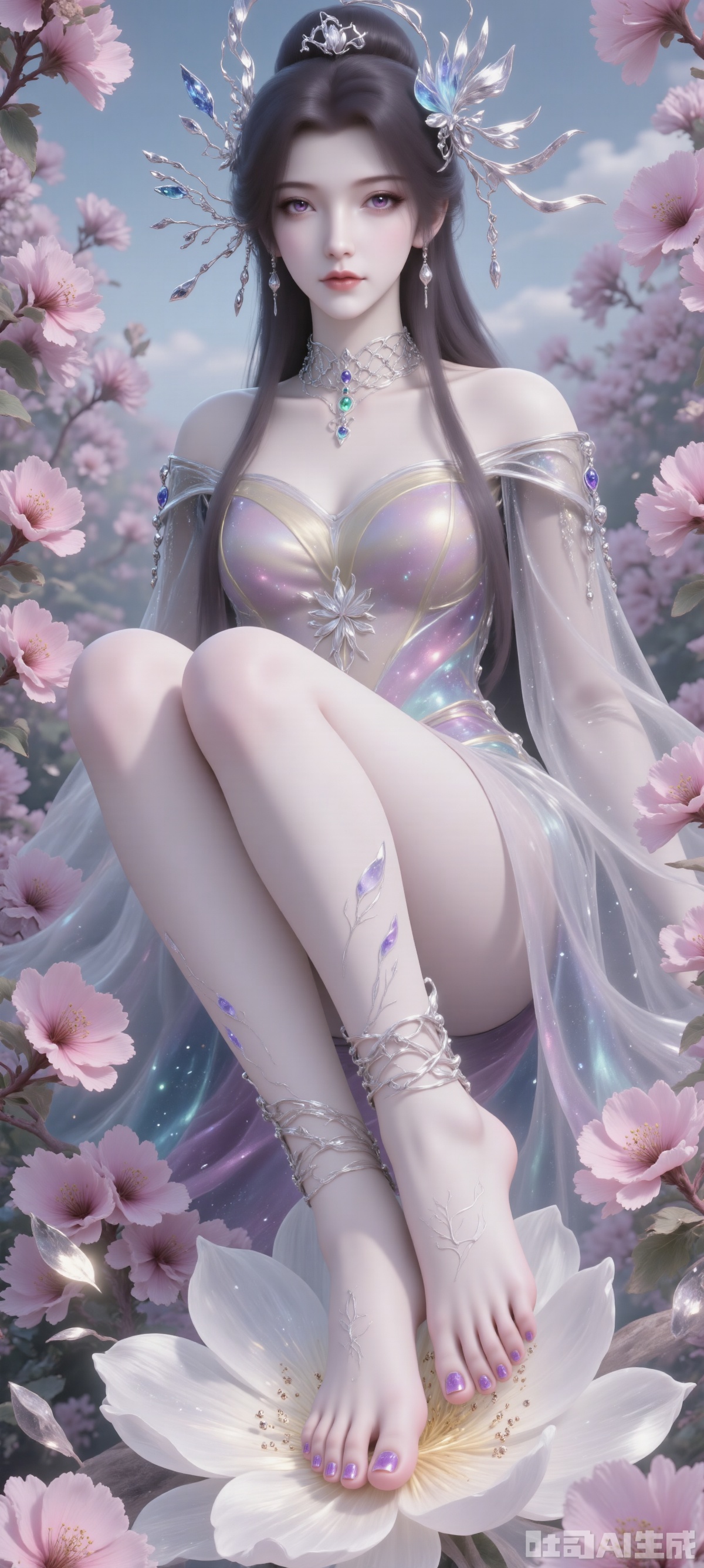 A woman with dark brown hair and a blue hat on her head, wearing a silver necklace and earrings. Her hair draped over her shoulders added a touch of beauty to her outfit, she sat barefoot on a large white flower with decorations on her feet and purple nail polish on her toes and thick pink flowers on the background, creating a rich and textured background. In the middle of the painting, a beautiful Chinese woman stands among pink flowers, making her look like part of a garden full of flowers. Her skin is fair, with delicate black details, soft and flowing hair, carefully combed to complex hair accessories, with gorgeous details. She is in a bright garden with bright flowers, blue sky and deep and rich tones.