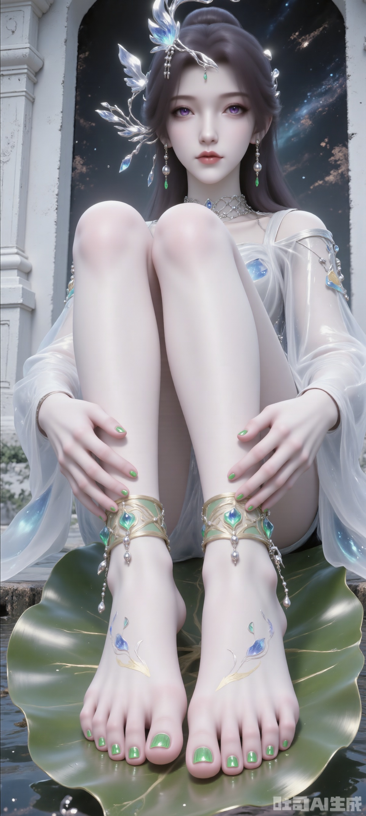 3D rendering of her sitting on a large leaf. Her feet were painted with green nail polish, adding a hint of color to her feet. Her hair was shining and her eyes were red. She wore a white long-sleeved shirt with blue decor on her head, matching green bracelets and a pair of swinging earrings. Her left hand is placed on her left foot and her right hand is placed on her right foot. The background is a white building, and the wall is a black wooden board dotted with water droplets, adding a sense of layering to the picture.