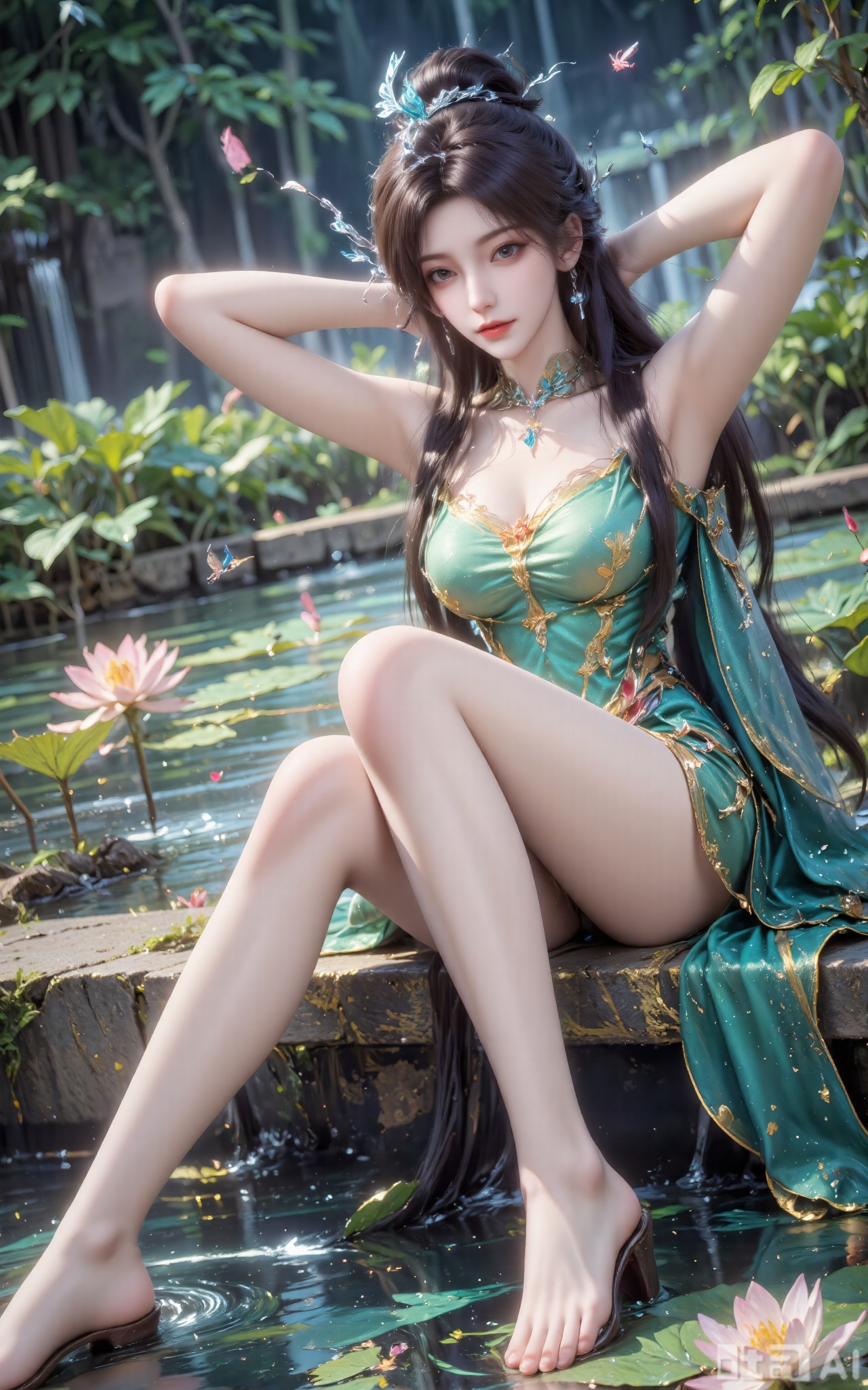 1girl, solo, long hair, black hair, hair ornament, dress, bare shoulders, looking at viewer, sitting, flower, water, legs, bare legs, bug, butterfly, green dress, lily pad, lotus,gorgeous,photo shoot