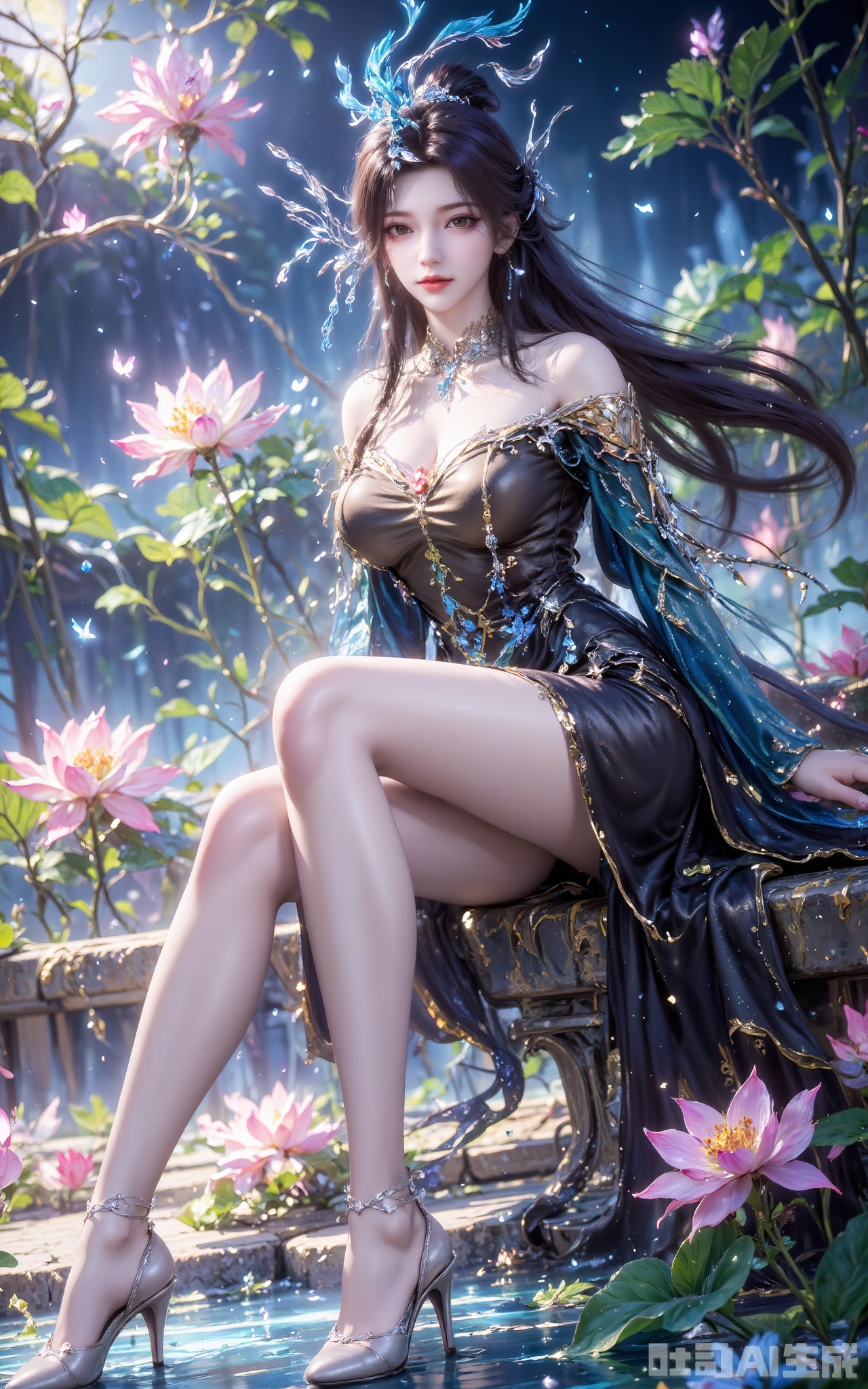 1 girl, solo, dark brown long hair (soft and layered hair) is wrapped, with blue feathers and crystal hair crowns on the top (silver metal crown, drooping crystal tassels), blue ice crystals and silver branch and leaf hair accessories (branch and leaves are cold and shiny), delicate face (eye makeup is light brown earth color, lip color is light pink and orange, skin is delicate and shiny, light purple nail polish on fingertips), dress, off-shoulder, looking at the audience, sitting, flowers, water, legs, smooth and greasy legs, exquisite high heels, butterflies, black dress, lotus leaves, lotus flowers