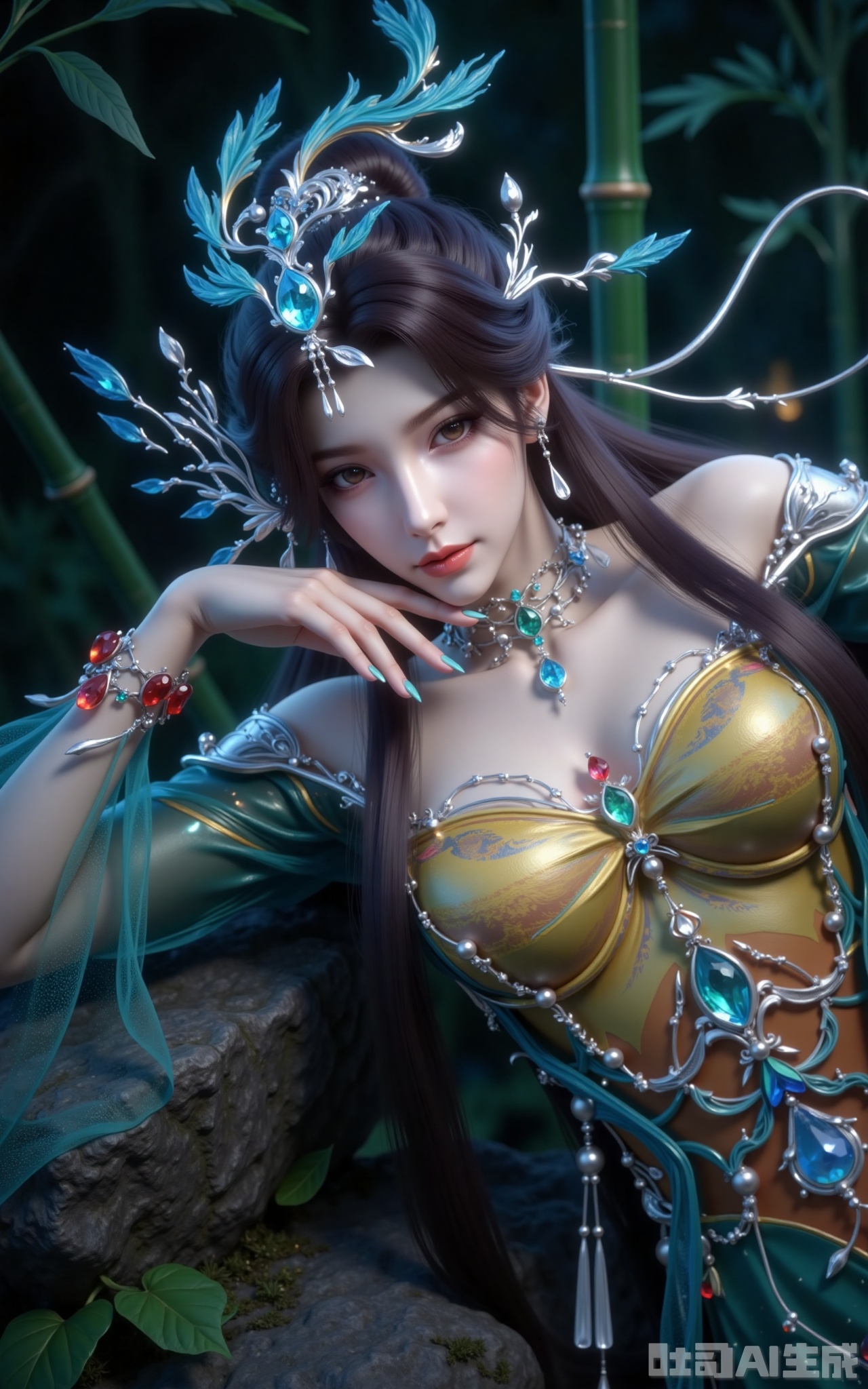 The core of the picture is a beautiful woman in ancient costume lying on the rock. Her long dark brown hair is scattered (the hair is soft and soft, her hair is decorated with blue feathers and silver branches and hair crowns <the crown is embedded in blue-green water drop-shaped gemstones, hanging crystal tassels>), her face is pretty (pink lips are slightly pursed, her eyes are slightly red and charming, her fingertips and ears are decorated with red and blue crystals), she is wearing a golden green strapless dress (the bra is gilded, pearl strings and sapphires are arranged, her shoulders are covered with tulle green shadows, and her arms are embedded with emeralds), her posture is lazy (the left elbow supports the rock, the right hand supports the temple, and the fingertips are red and blue crystal rings and armor), and her fingertips are dark bamboo forest (green is gloomy, the rock face is rough, and the overall atmosphere is as mysterious as a secluded fairy).