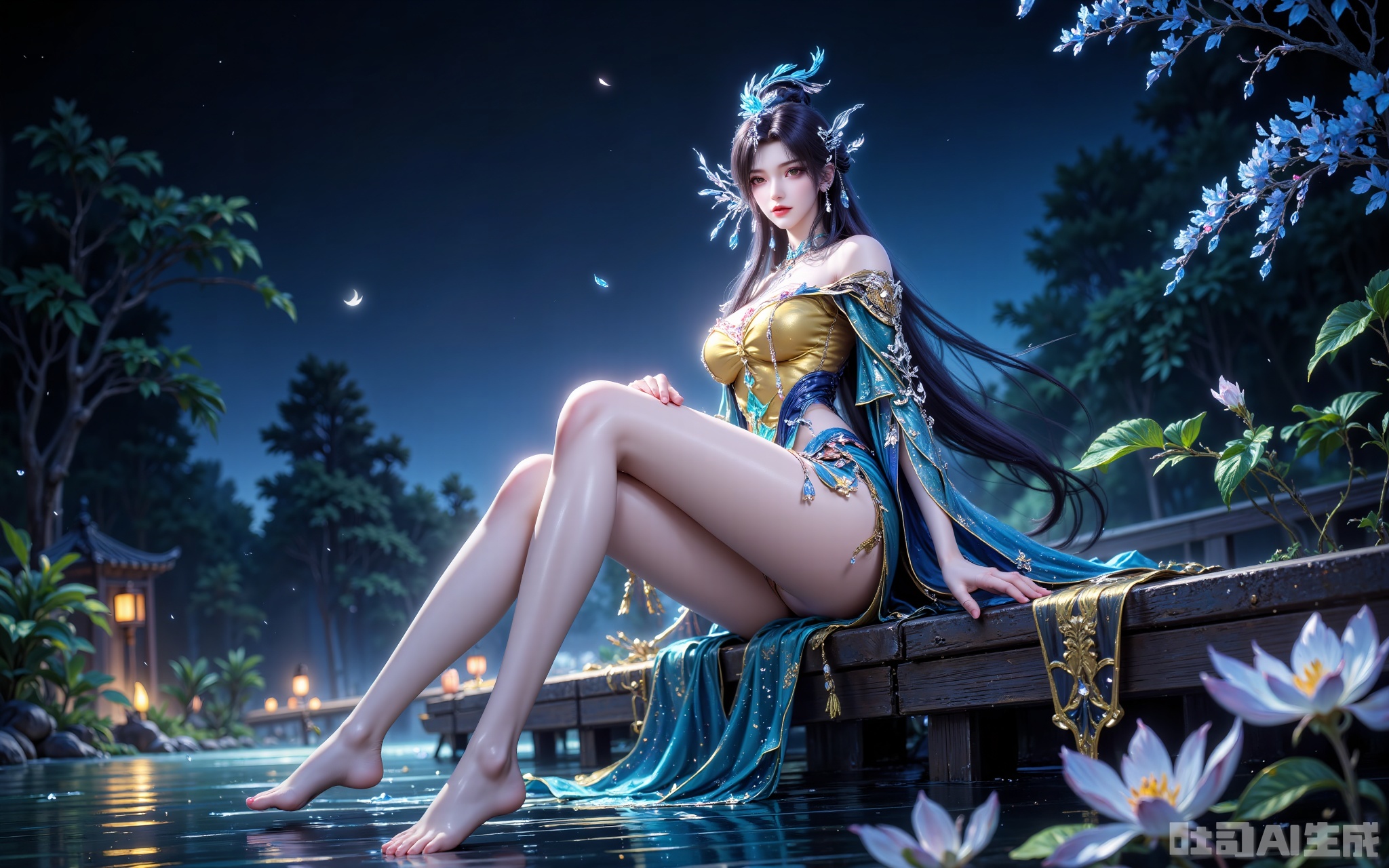 The picture depicts a quiet and ethereal night scene: a woman sits on a stilt building high above the calm water. She was wearing a gorgeous yellow-blue robe decorated with complex patterns, with blue feathers and crystal hair crowns on her head (silver metal in the crown and drooping crystal tassels), and blue ice crystals and silver branch and leaf hair accessories (branch and leaf shapes are cold). Her long black hair fell on her shoulders, barefoot, her legs crossed gracefully, with her left leg on her right leg. The background is a picturesque night view, with a black background, vaguely visible blooming white flowers and lush green plants creating a quiet and almost dreamy atmosphere, a dark blue atmosphere. The water reflects the sky and surrounding vegetation, enhancing the feeling of harmony and beauty. Shooting at low angles, very low angles, shot from the side and below, with blurred background.