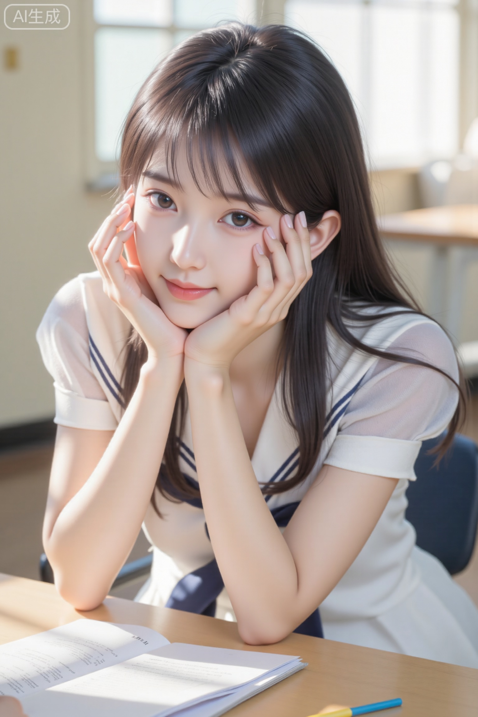Masterpiece, the best quality, high quality, small breasts,,(black hair:1.4),(long legs:1.3),(thin legs:1.4), 1girl, the warm sunlight shines into the classroom, sitting by the window table, a gentle and kind girl sitting in front of the table, the hidden blue paired with white summer lapel short-sleeved school uniform made her feel refreshed and refreshed. She leaned forward to the camera (the sense of perspective makes her face look big). The girl’s narrow face was inlaid with bright eyes, looking at the camera warmly, her slender hands raised and held tightly, holding the hands stretched out from the bottom of the picture and pressed on her face. On the table were thick books, flat test papers and stationery, etc., macro close-up, her hands and faces were sticking together, and she had enough light to illuminate the delicate facial features