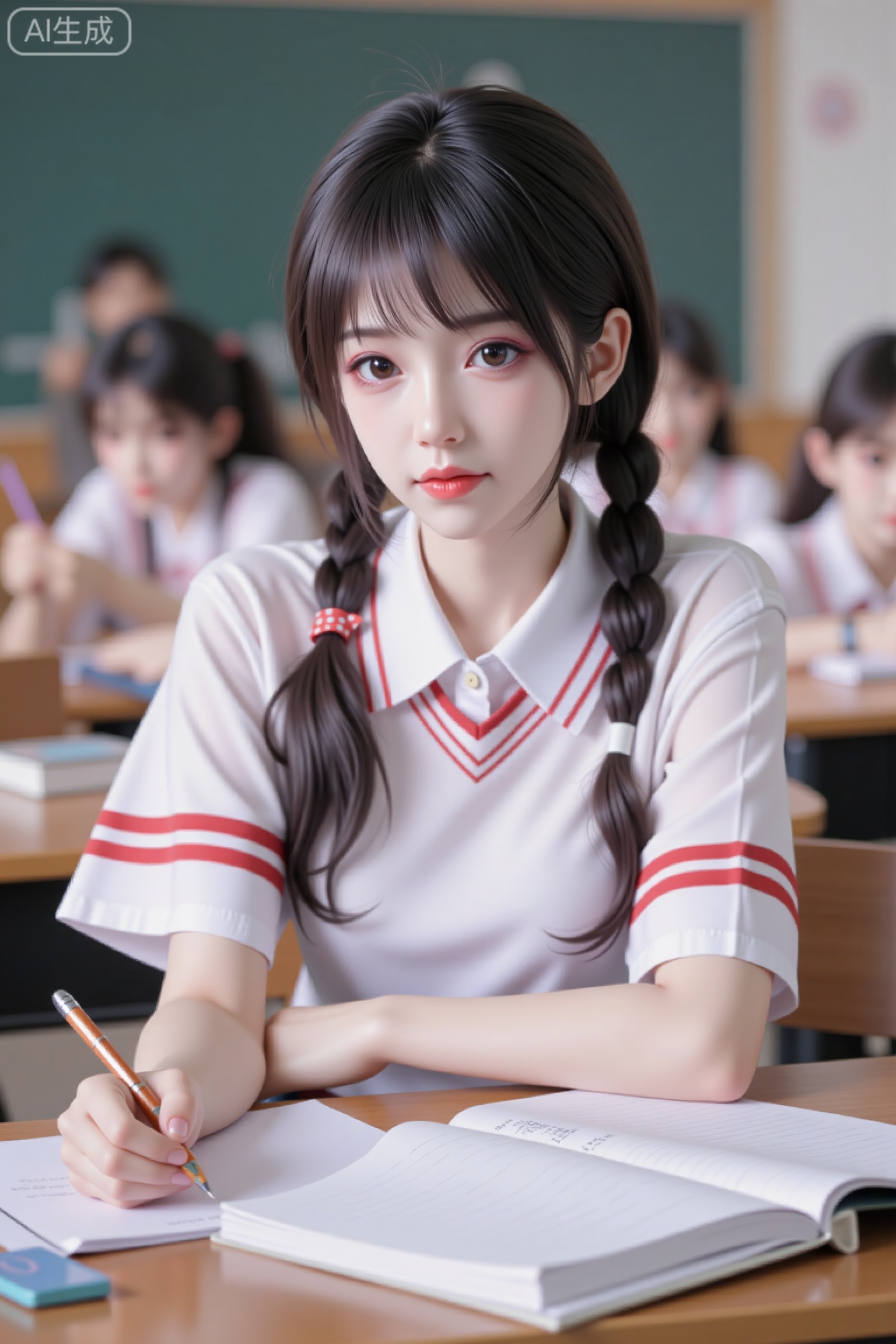 Masterpiece, the best quality, high quality, huge breasts,,(black hair:1.4),(long legs:1.3),(thin legs:1.4), 1girl, photographic realistic style, you are the same deskmate in the picture. Double braids, small and cute, you have a clean face, a little shy, and your eyes are bright and clear.
Wearing a red-collar white shirt, the red and white combination is bright and eye-catching. The desk was filled with textbooks and stationery, and you were writing notes intently.
Light comes in from the windows, illuminating half of your face, creating a soft shadow.
The viewing angle is slightly sideways, and the three-part method is used to compose the picture. The depth of field is moderate, and the background is the blackboard in the classroom and the figures of other classmates. The blurring process is to highlight your serious appearance.