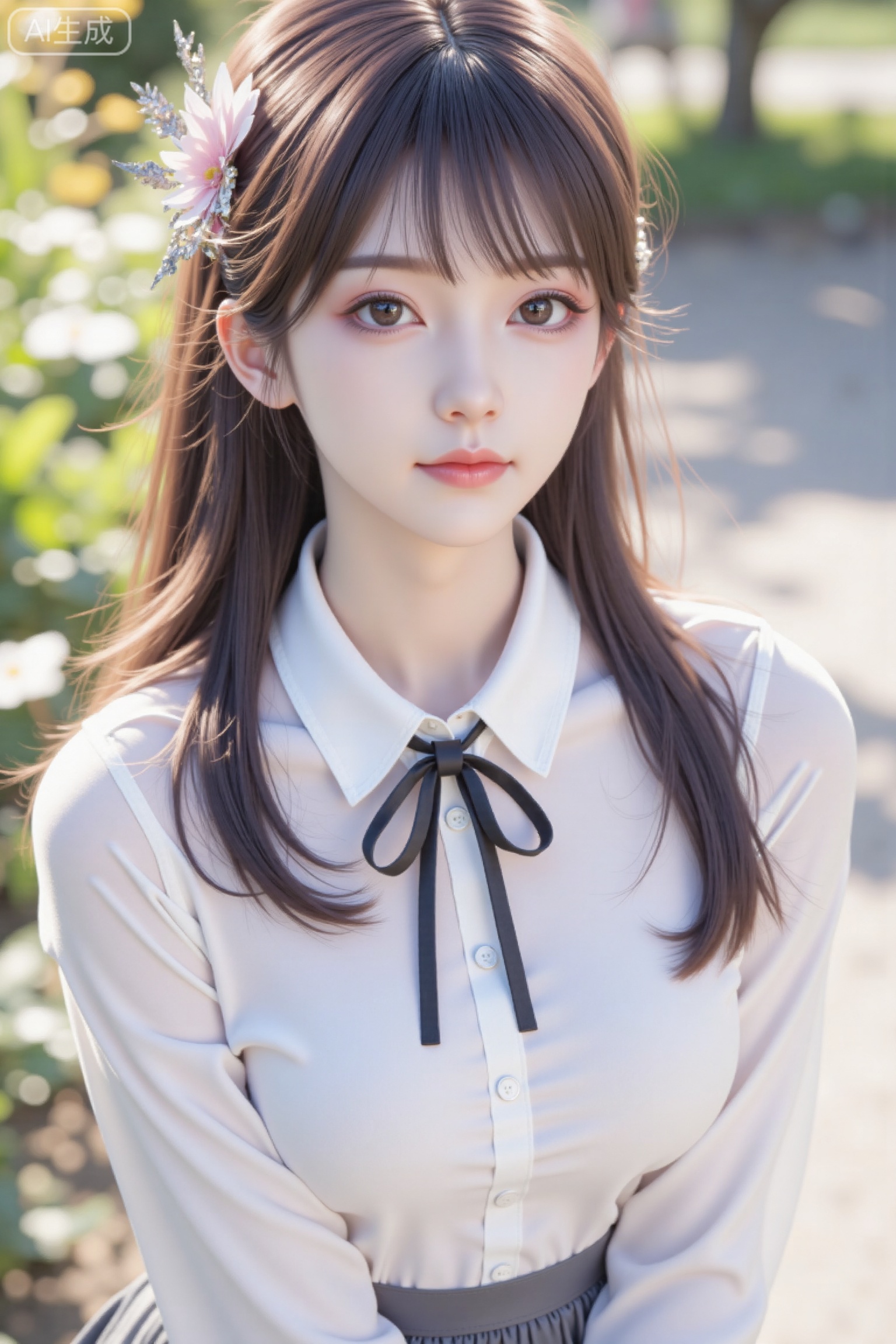 A fashionable girl with brown hair in pigtails, showing hair strands, in a realistic style. She is wearing a white shirt paired with a pleated skirt, and a black ribbon is tied at the collar. Natural light. Outdoor setting.
 
Natural skin texture, precise anatomical structure, high resolution, photorealistic, clear focus, 8K.,tianmei_realistic