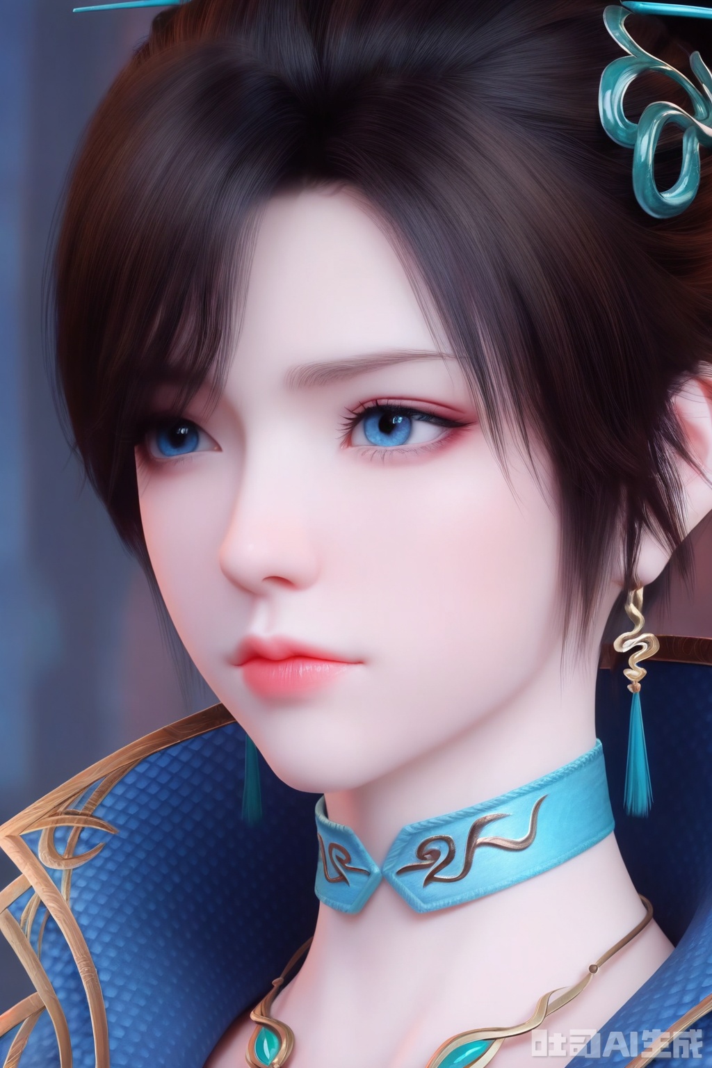 1girl, solo, short hair, blue eyes, brown hair, black hair, hair ornament, jewelry, closed mouth, earrings, choker, necklace, lips, portrait, realistic,
masterpiece, best quality, amazing quality, very aesthetic, high resolution, ultra-detailed, 